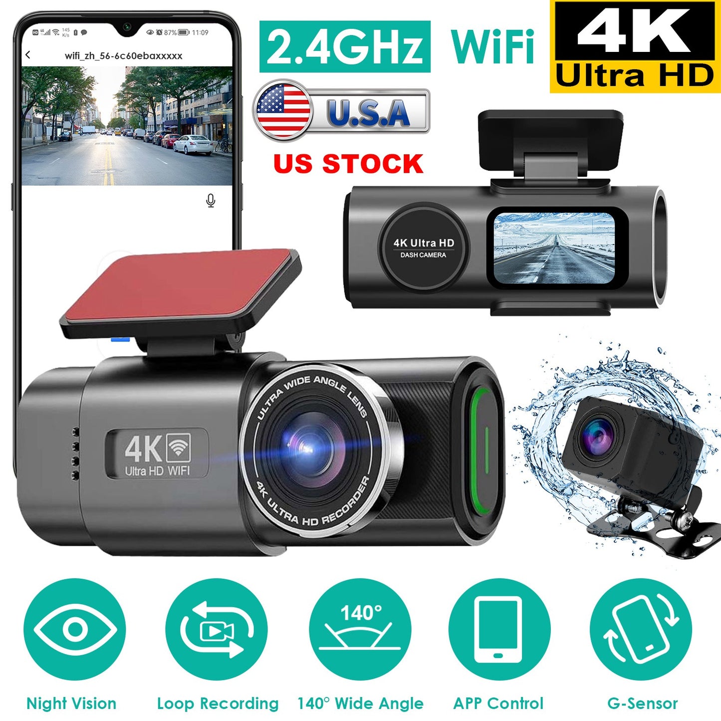 4K/1080P Dual Chanel Car Dash Cam 2.4GHz WiFi Car Camera Mini Driving Recorder
