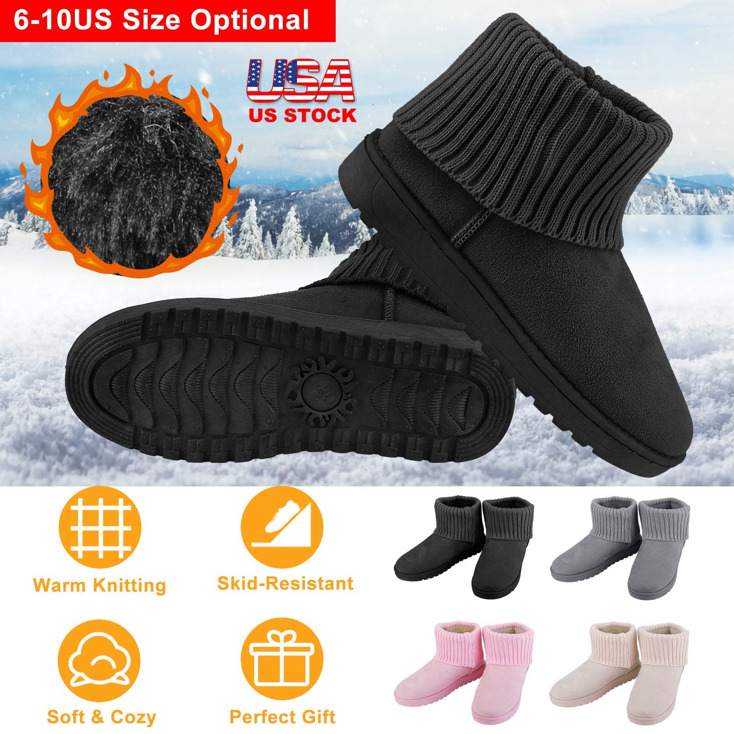 Women Lady Snow Boots Suede Mid-Calf Boot Shoe Short Plush Warm Lining Shoes w/