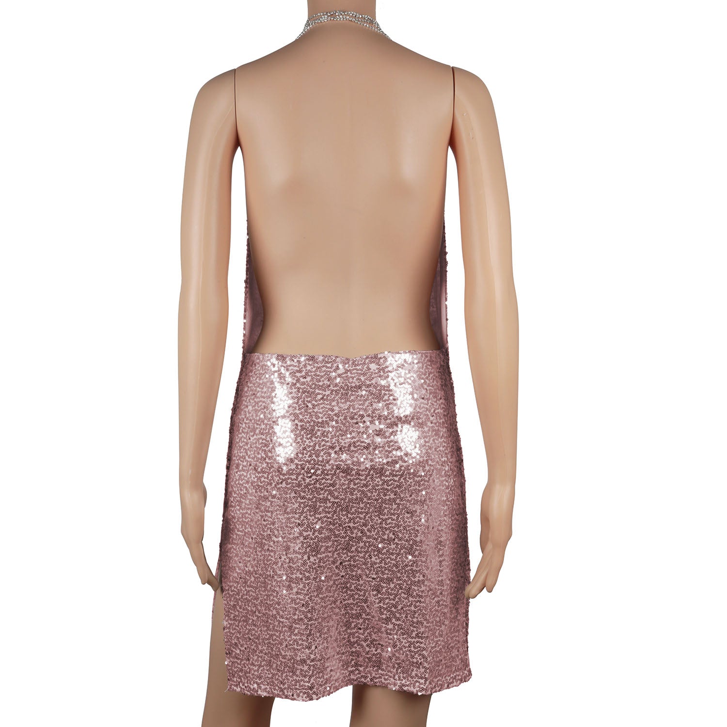 Sexy Women Chain Choker Side Slit Backless Slip Dress With Sequins Apparel &
