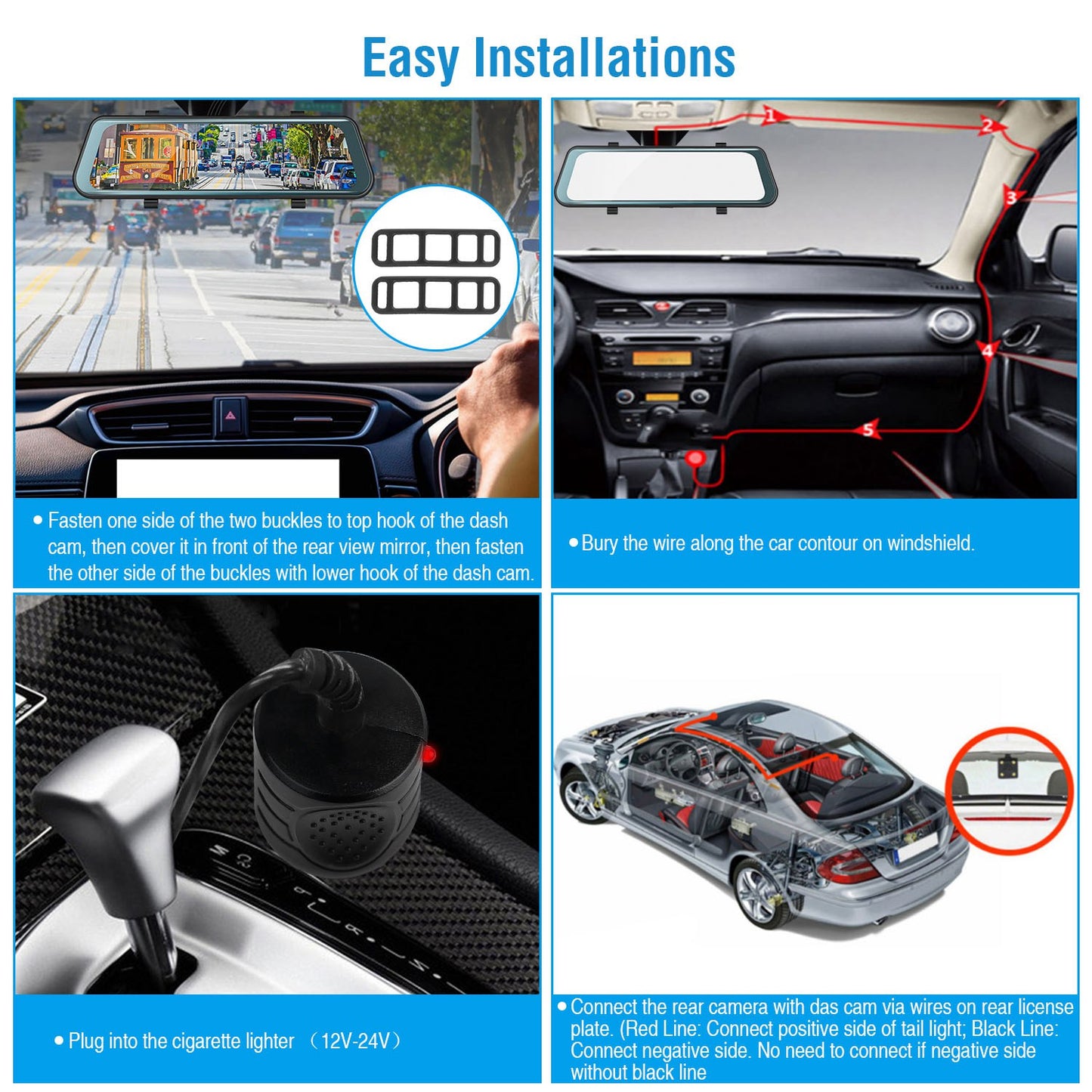 FHD 1080P Car DVR Dash Camera 9.66In Vehicle Driving Recorder w/ G Sensor