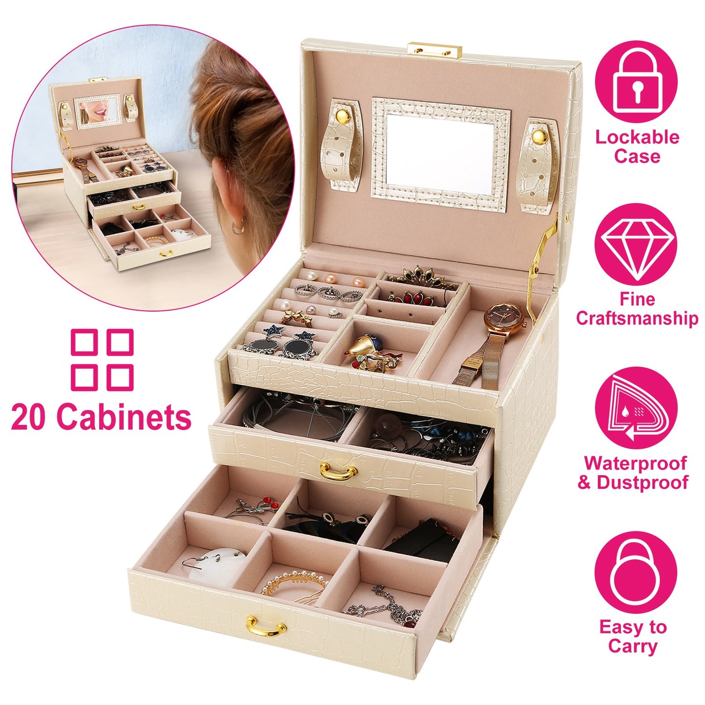 Jewelry Case Organizer 3-layer Lockable Travel Jewelry Box PU Leather Storage