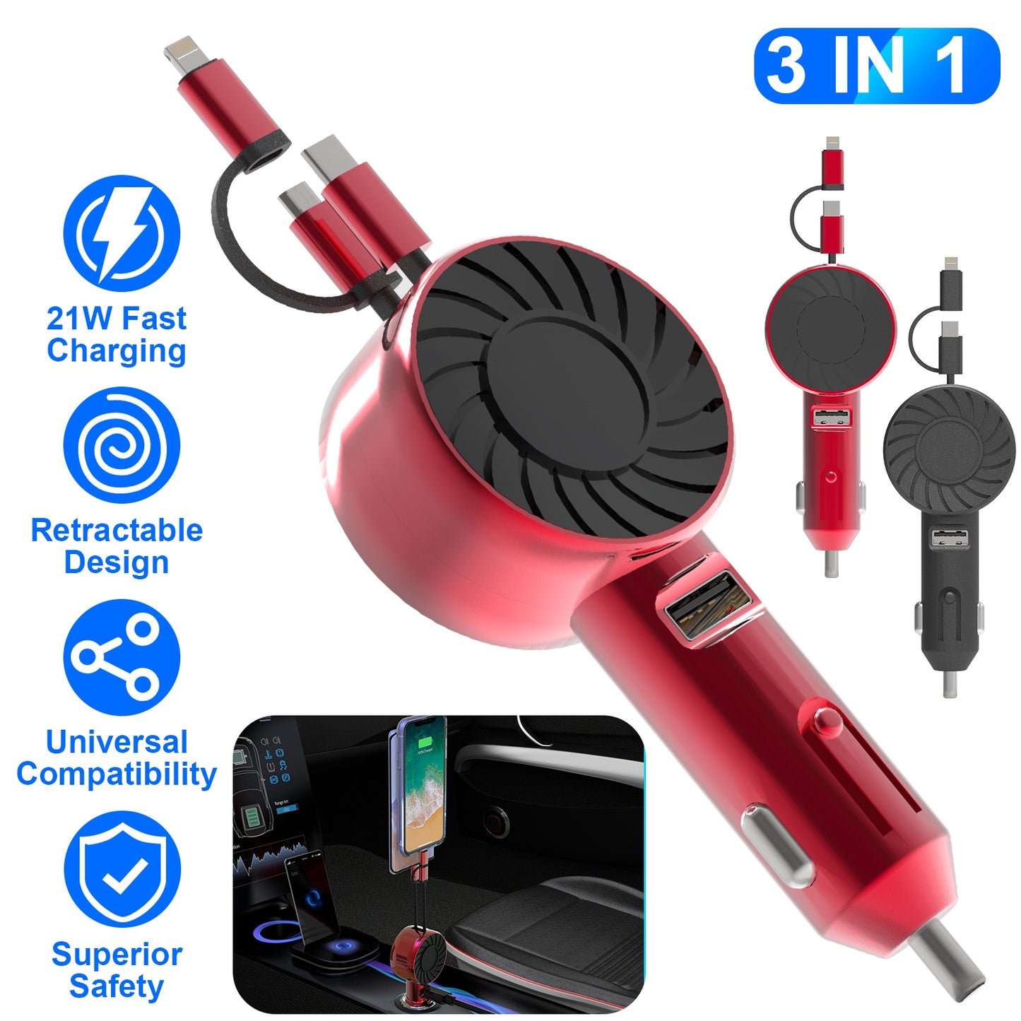 21W 3 In 1 Retractable Car Charger Fast Car Charger Mini Car Phone Charger with
