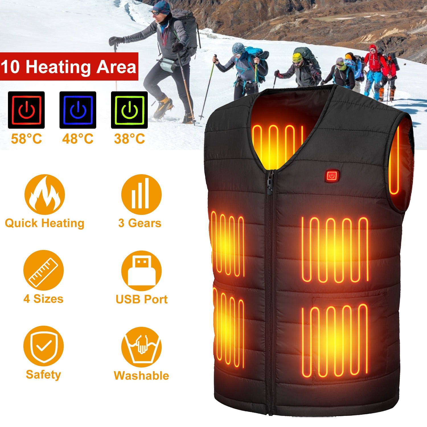 Heat Jacket Vest 3 Heating Gear Adjustable USB Heated Vest Warm Heat Coat Vest