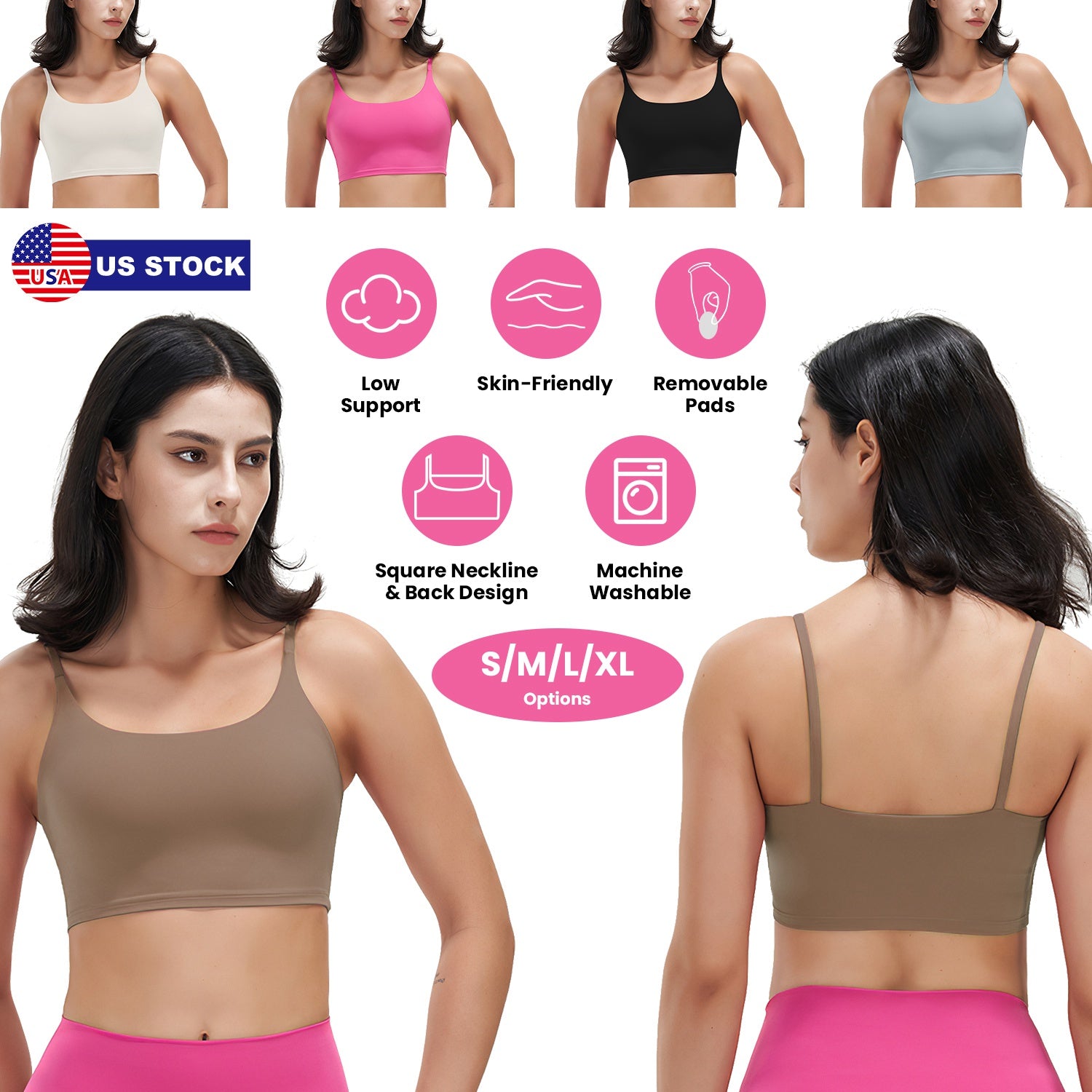 Women Strap Sport Bras Padded Strappy Crop Square Neck Low Impact Bras Sexy