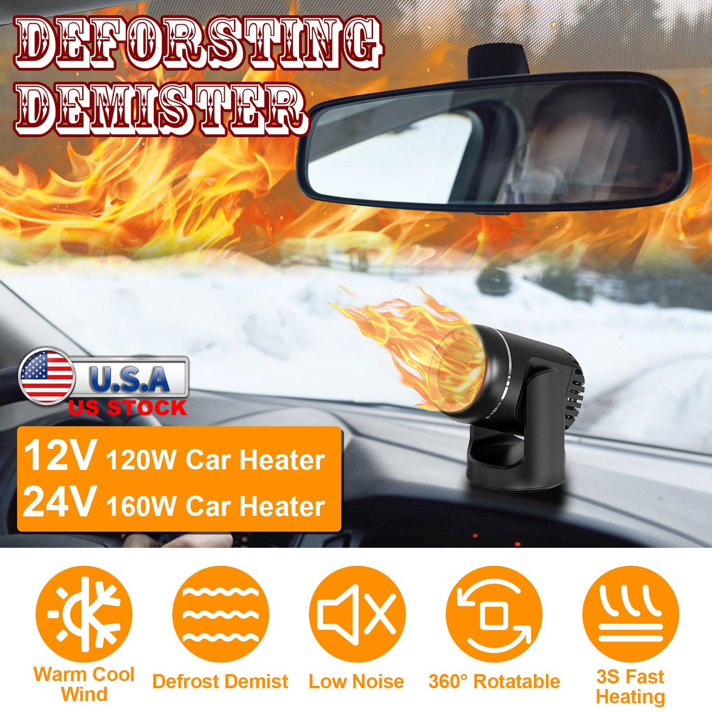 24V 160W Portable Car Heater 2 In 1 Heating Cooling Fan Rotatable Demister