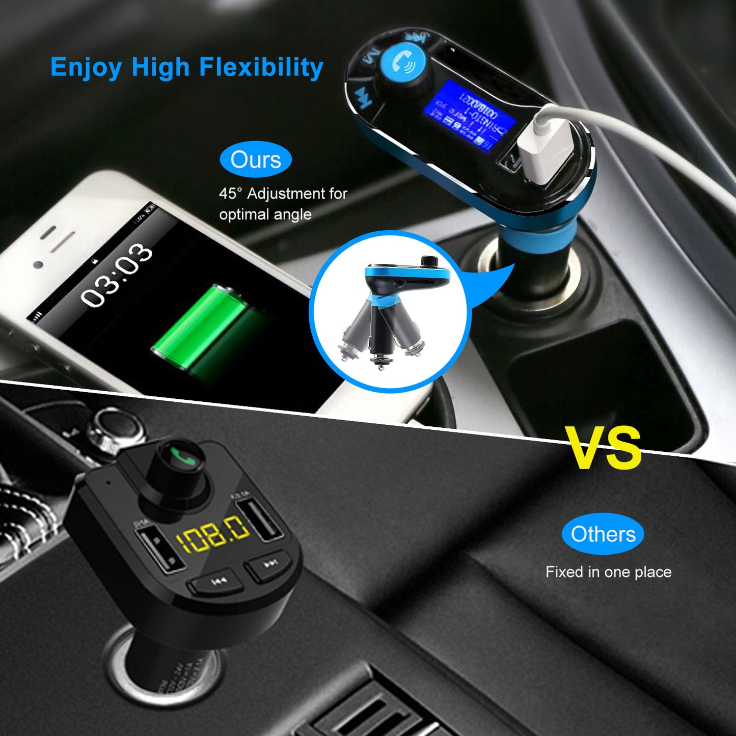 Car Wireless FM Transmitter Dual USB Charger Hands-free Call MP3 Player Aux-in