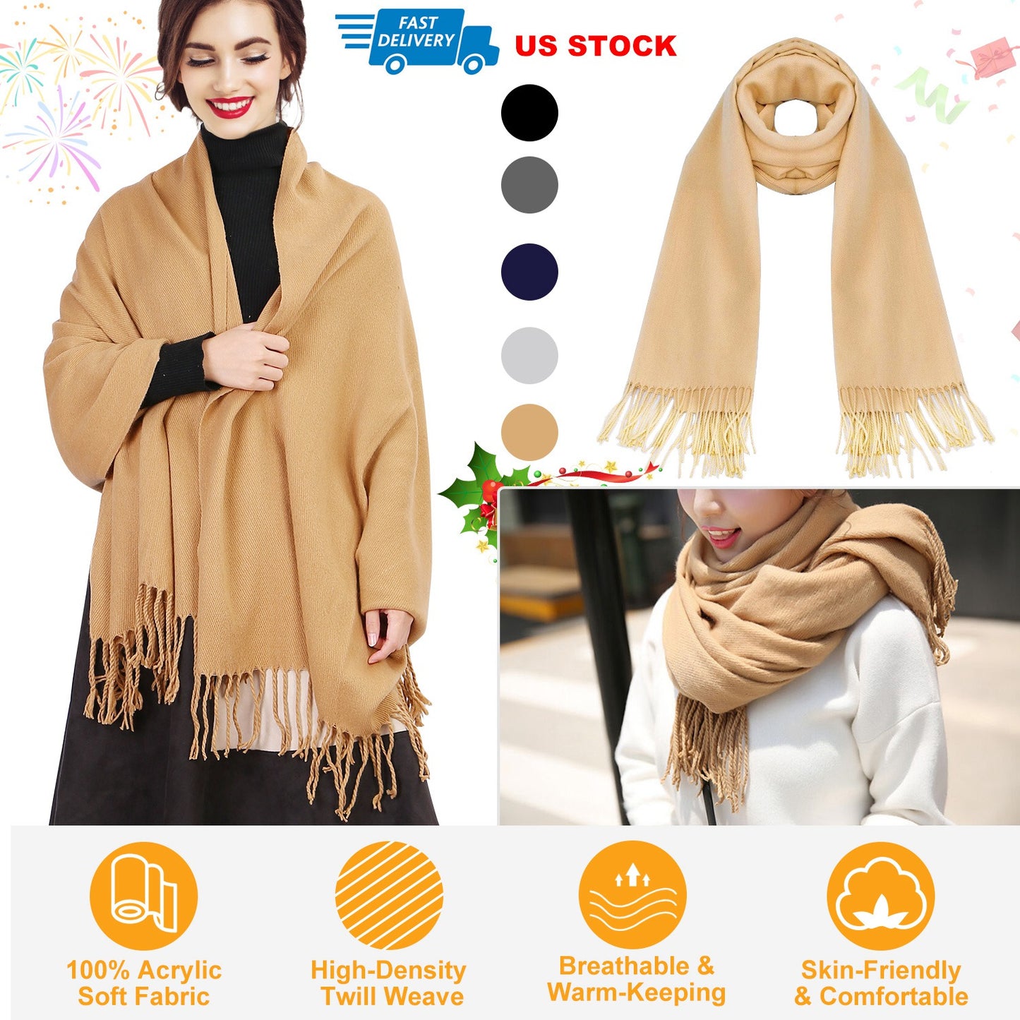 Mens Womens Oversize Cashmere Wool Shawl Wraps Blanket Winter Solid Scarf Soft