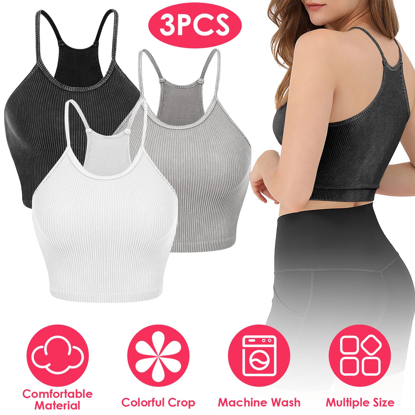 3 Pack Women Crop Basic Tank Top Ribbed Knit Sleeveless Round Neck 9 Color
