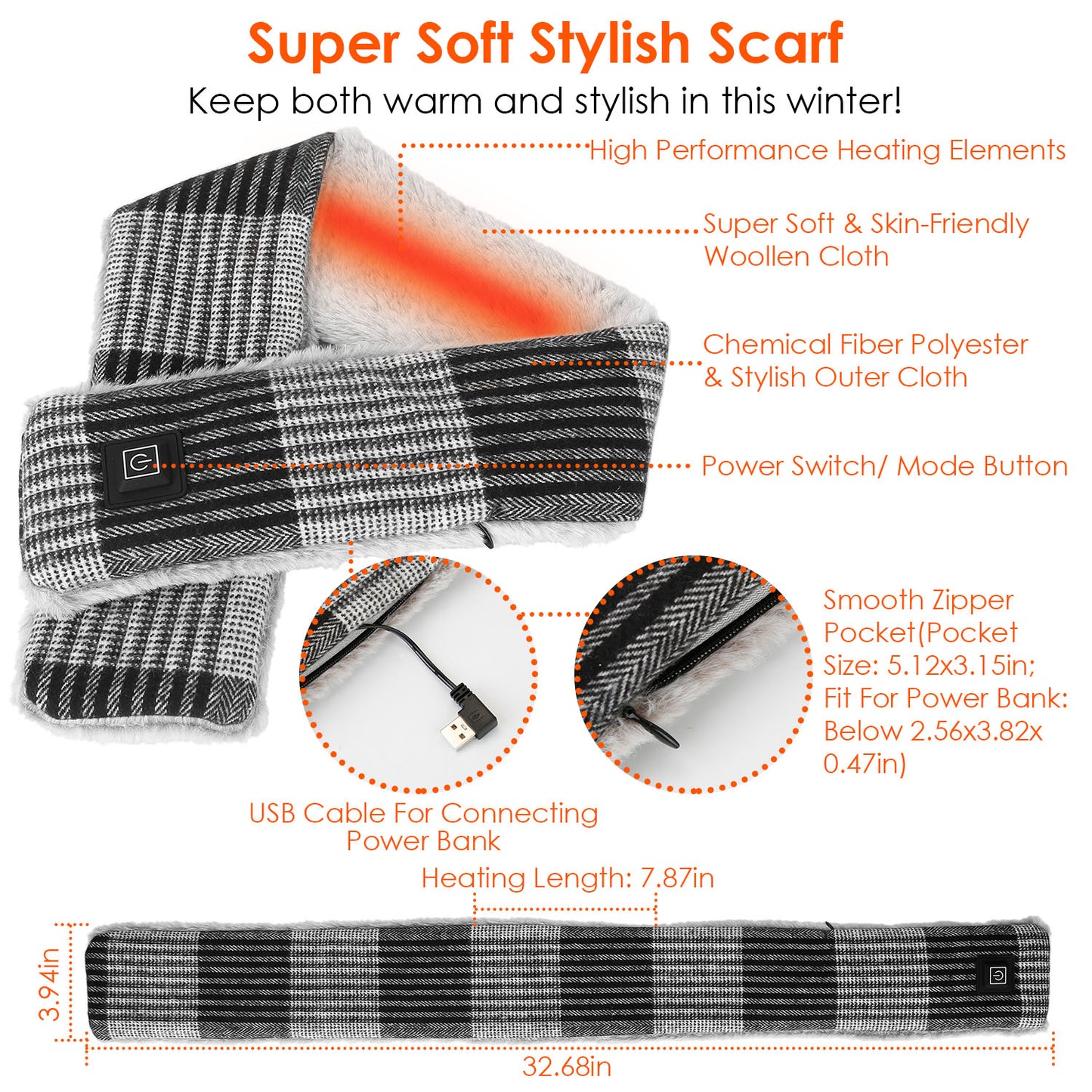 Electric Heated Scarf USB Heating Neck Wrap Unisex Winter Heated Neck Shawl