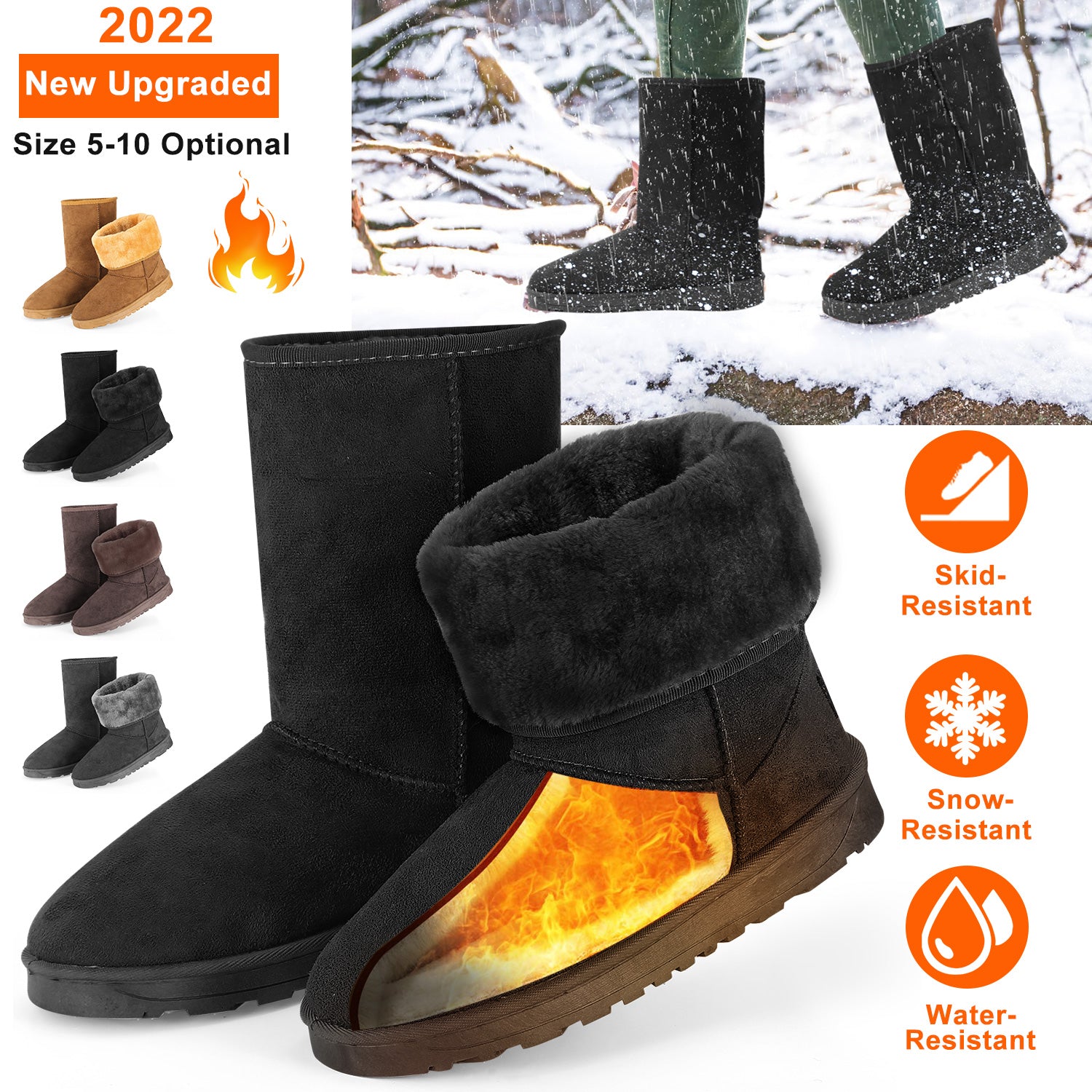 Women Ladies Snow Boots Waterproof Faux Suede Mid-Calf Boots Fur Warm Lining