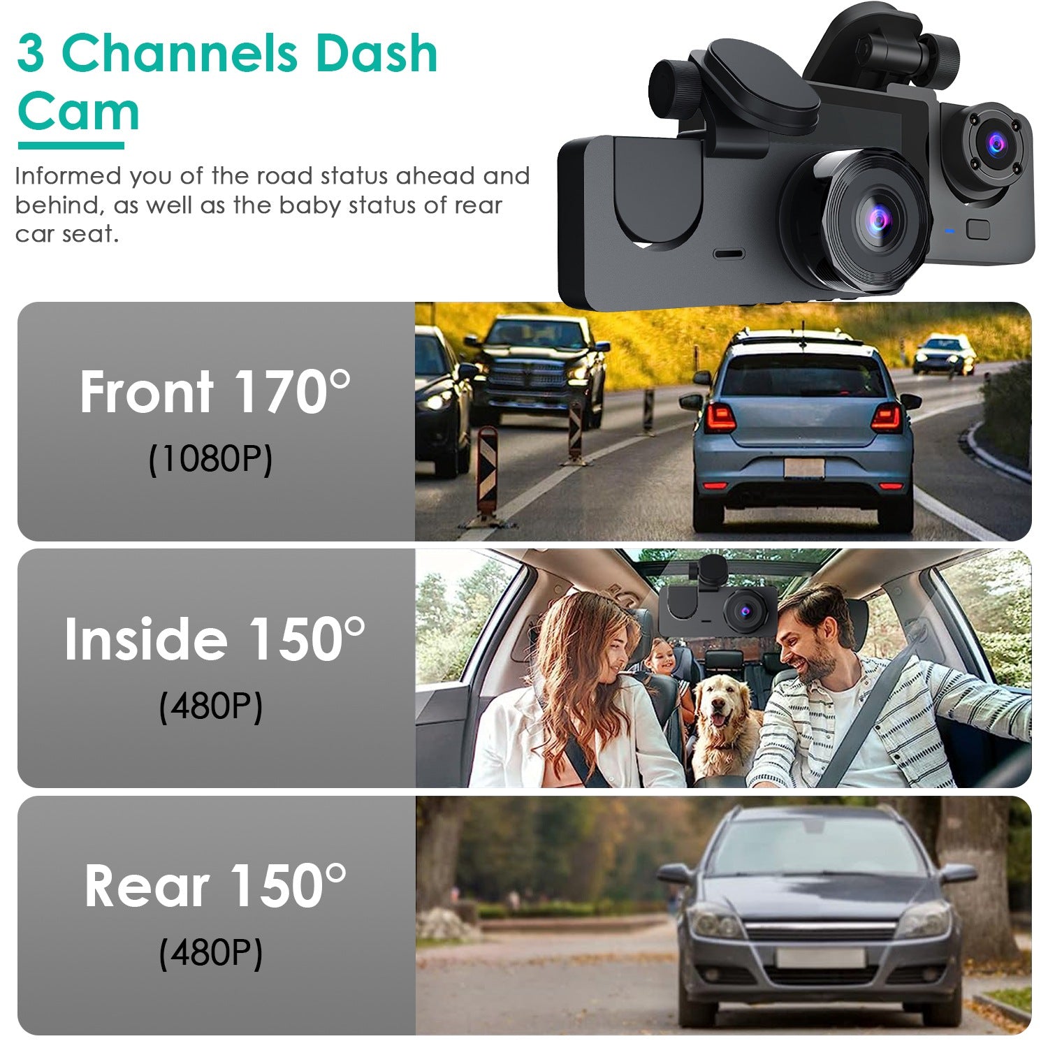3 Channel Dash Cam Front Inside Rear Vehicle Driving Recorder Car DVR with 32G
