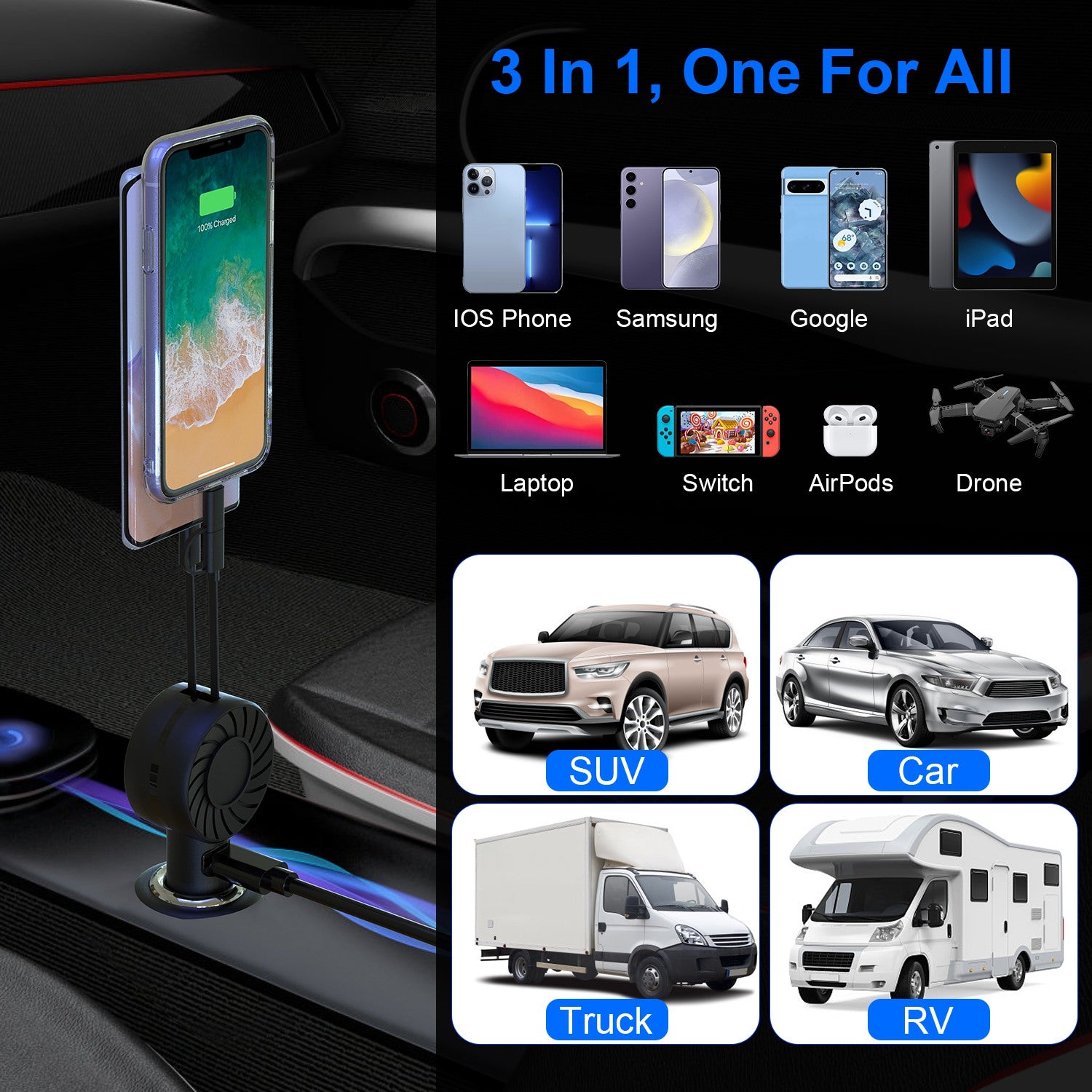 21W 3 In 1 Retractable Car Charger Fast Car Charger Mini Car Phone Charger with