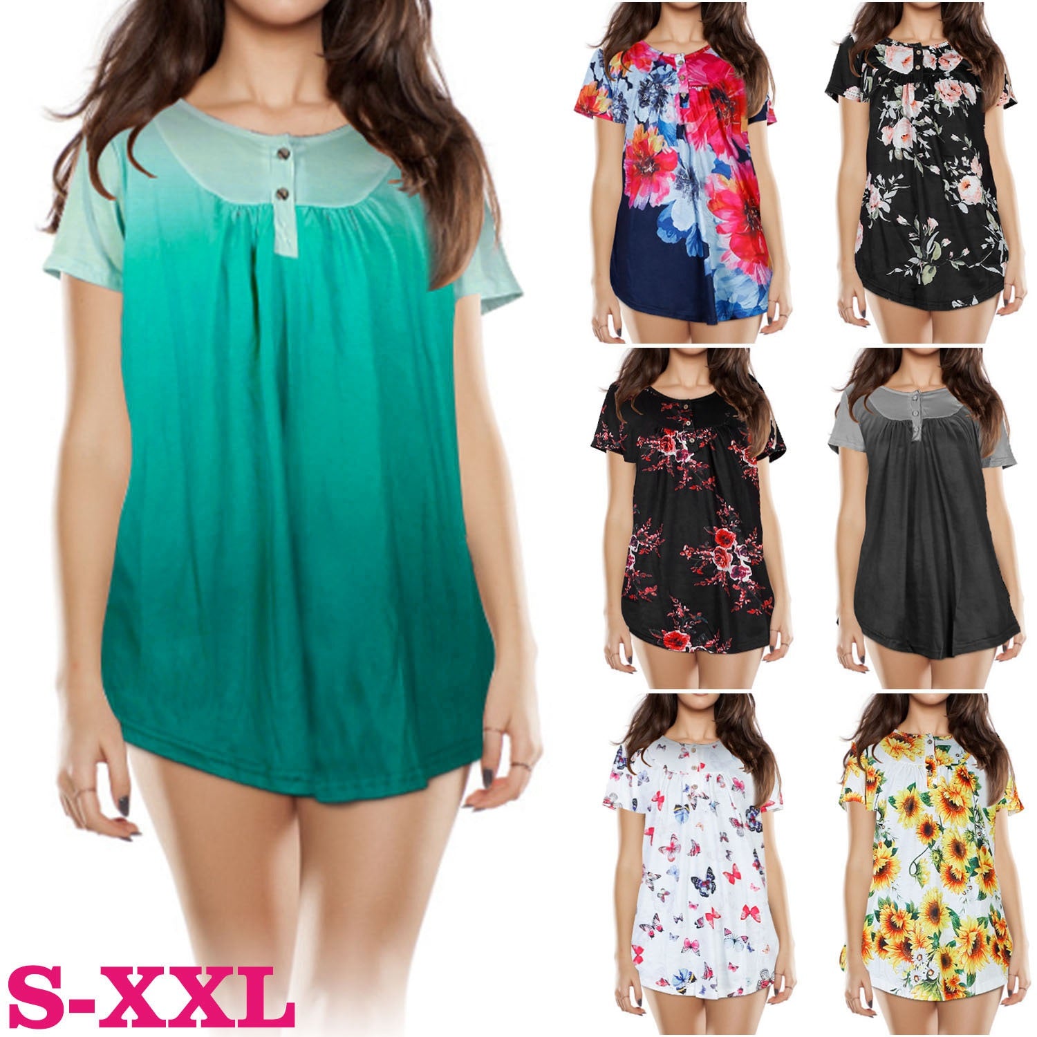 Women Summer Shirts Tops Loose Short Sleeve T Shirts Casual Floral Printed