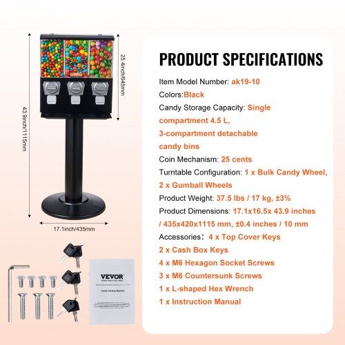 Gumball Machine with Stand Vending Coin Bank Vintage Candy Dispenser Black