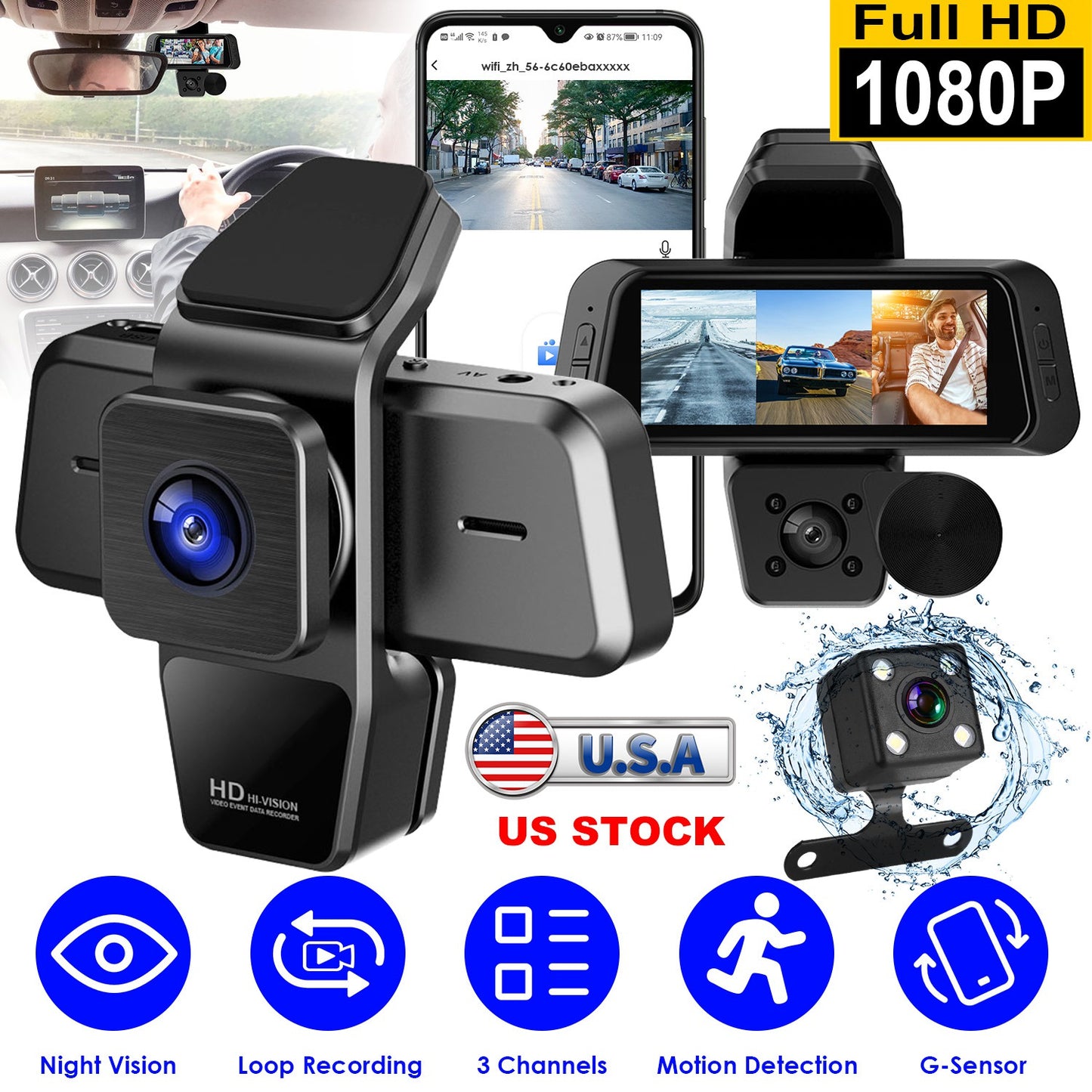 1080P FHD 3 Channel WiFi Dash Cam 170° Wide Angle Triple Car Camera With IR