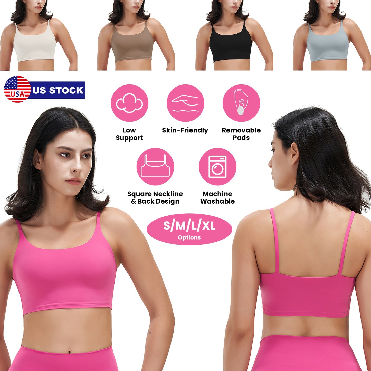 Women Strap Sport Bras Padded Strappy Crop Square Neck Low Impact Bras Sexy