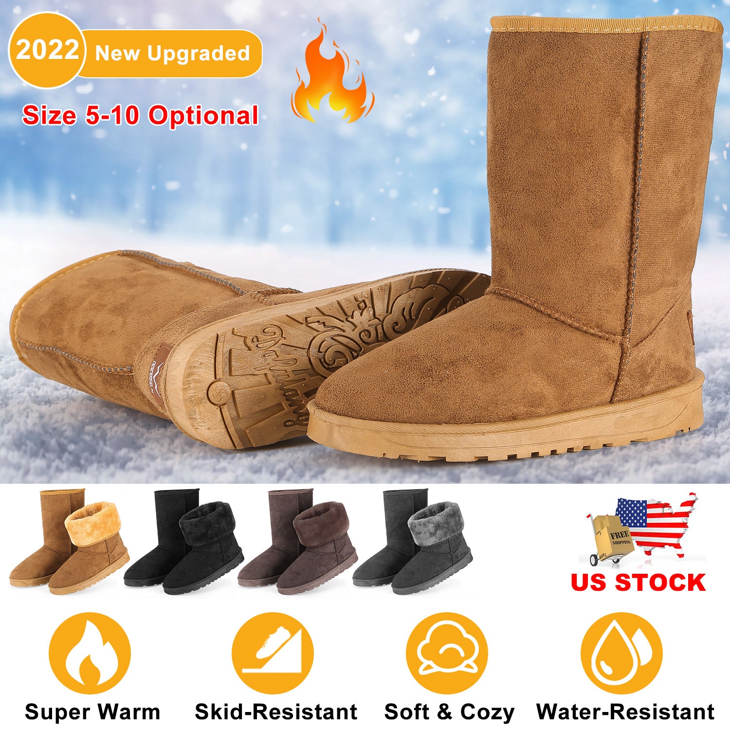 Women Ladies Snow Boots Waterproof Faux Suede Mid-Calf Boots Fur Warm Lining