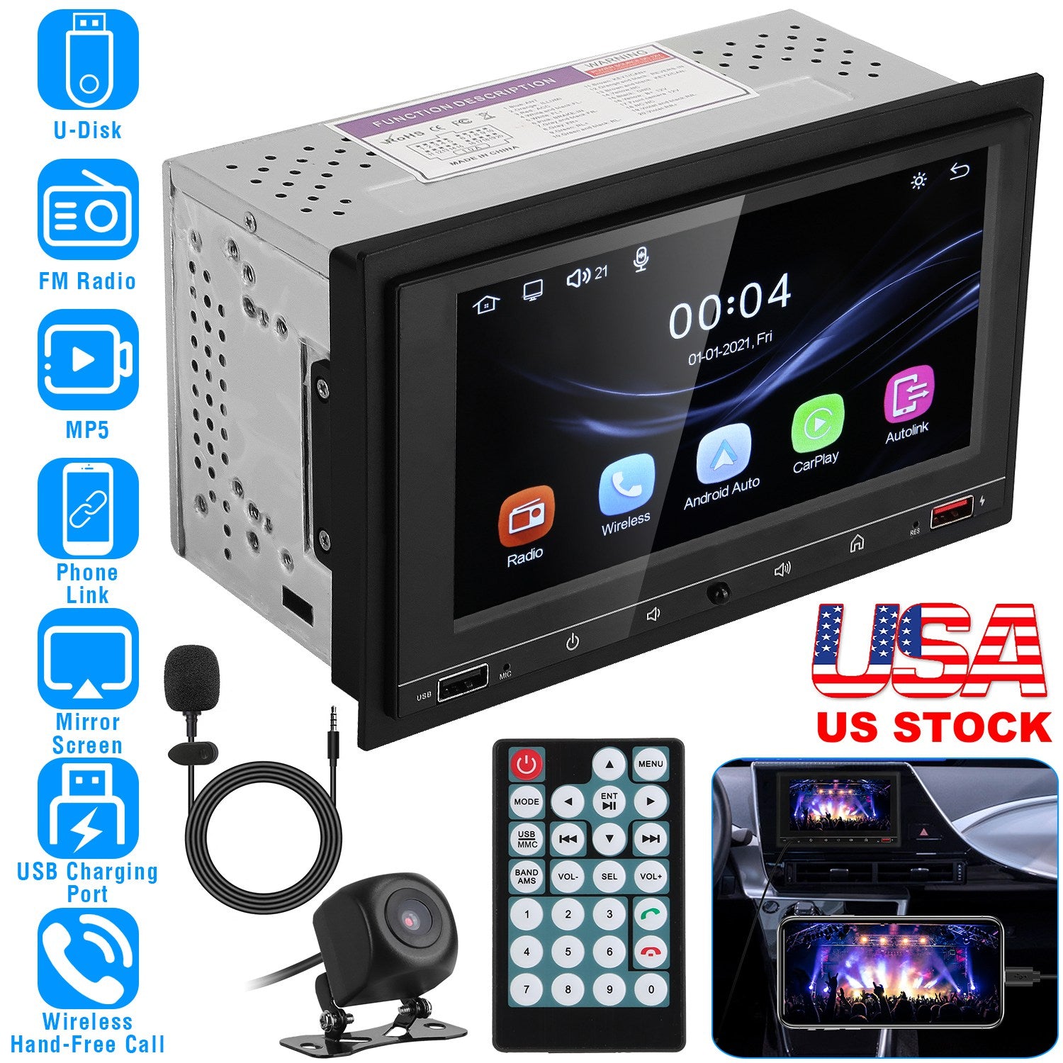 7In Universal Wireless Car MP5 Player 1080P Video Player Stereo Audio FM Radio