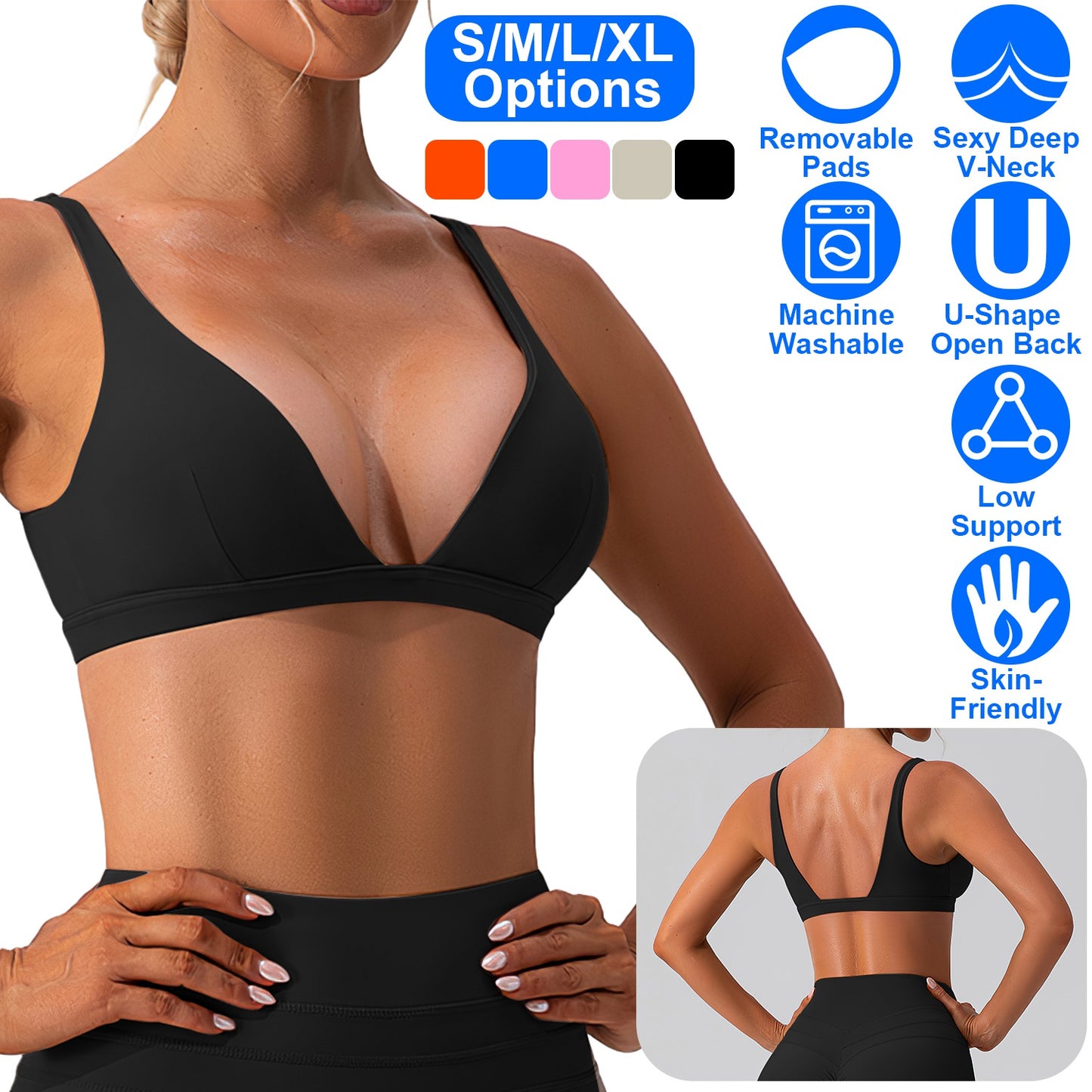 Women Deep V-Neck Sports Bras U-Shaped Back Sport Bras Padded Strappy Crop Open