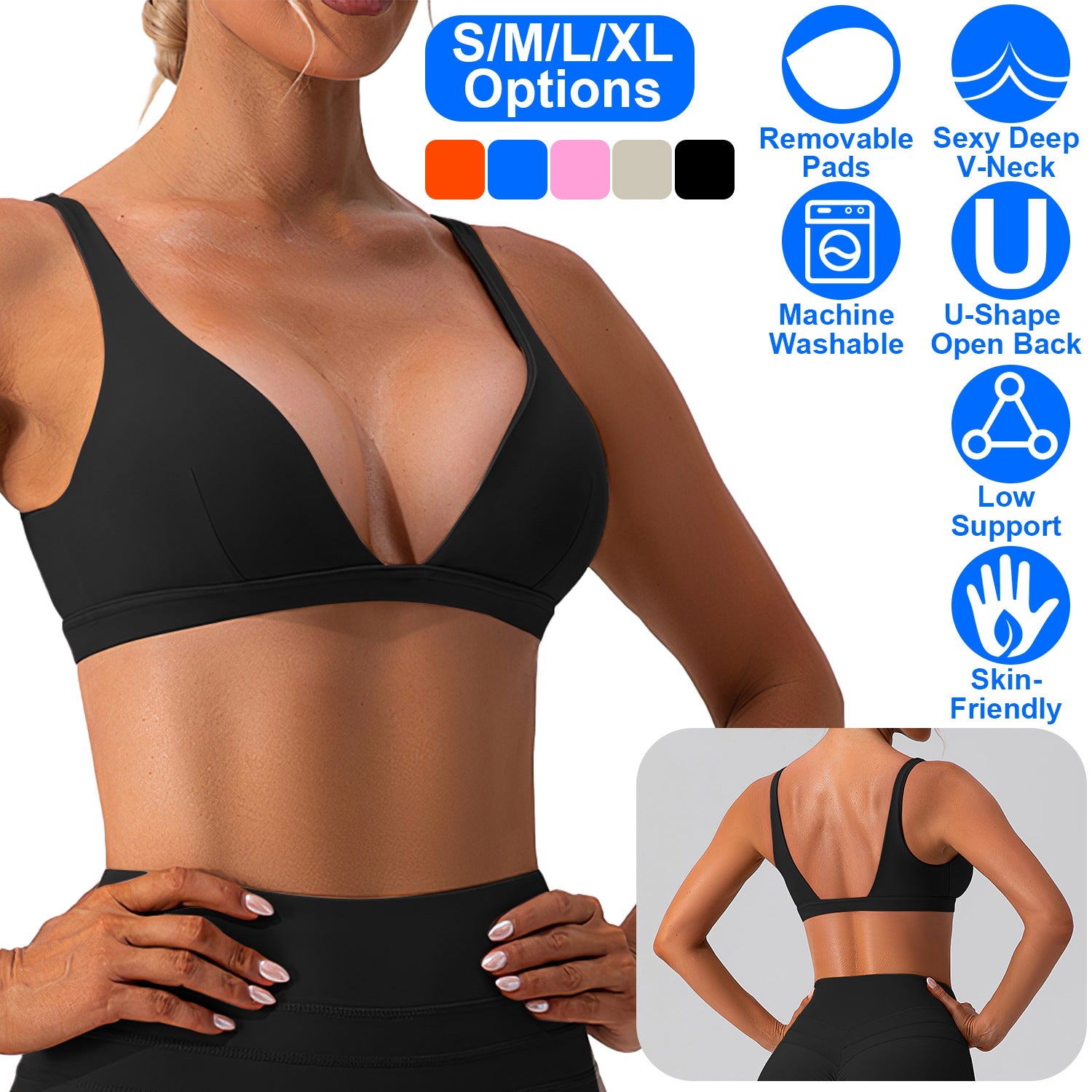Women Deep V-Neck Sports Bras U-Shaped Back Sport Bras Padded Strappy Crop Open