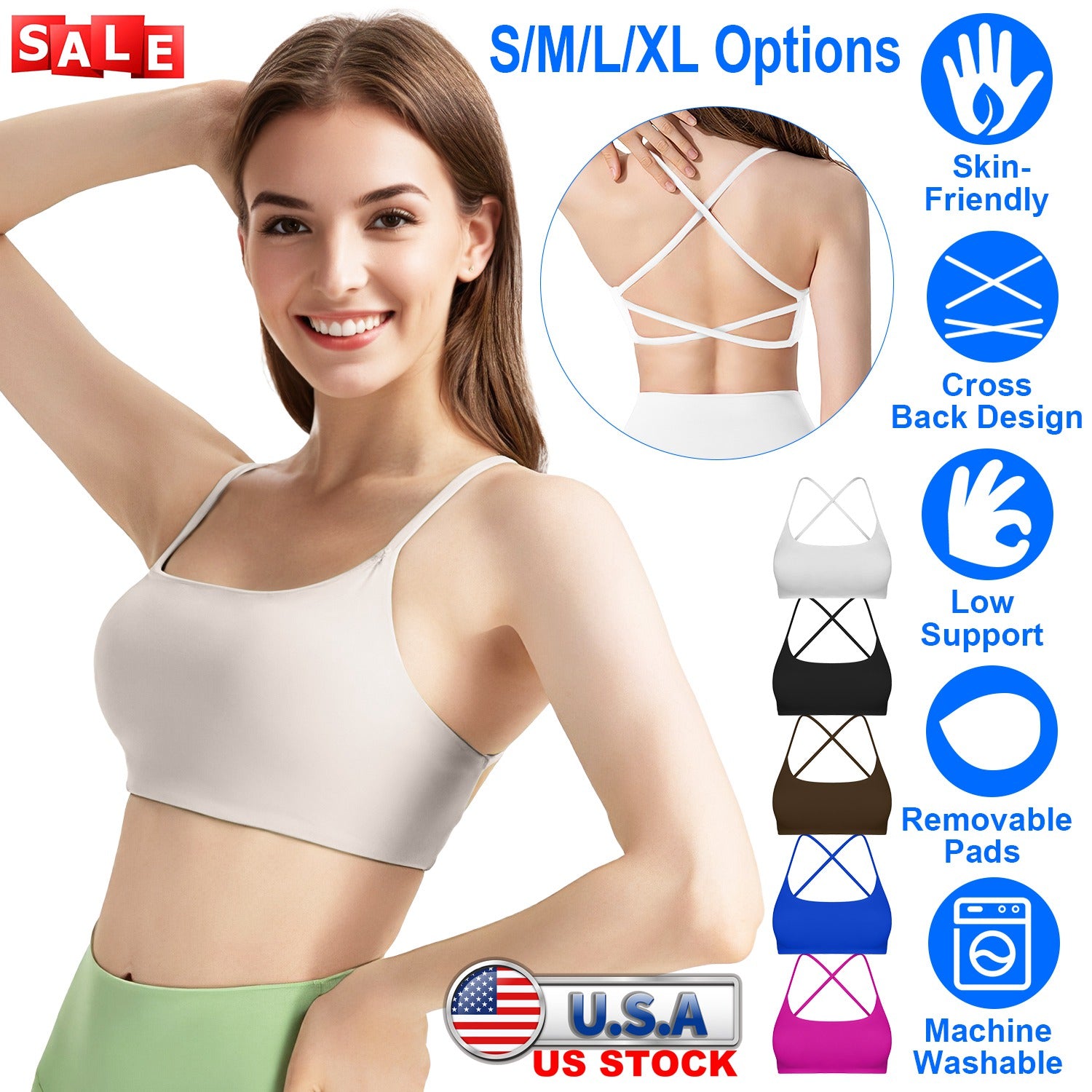 Women Cross Back Sport Bras Padded Strappy Crop Open Back Low Impact Bras Sexy