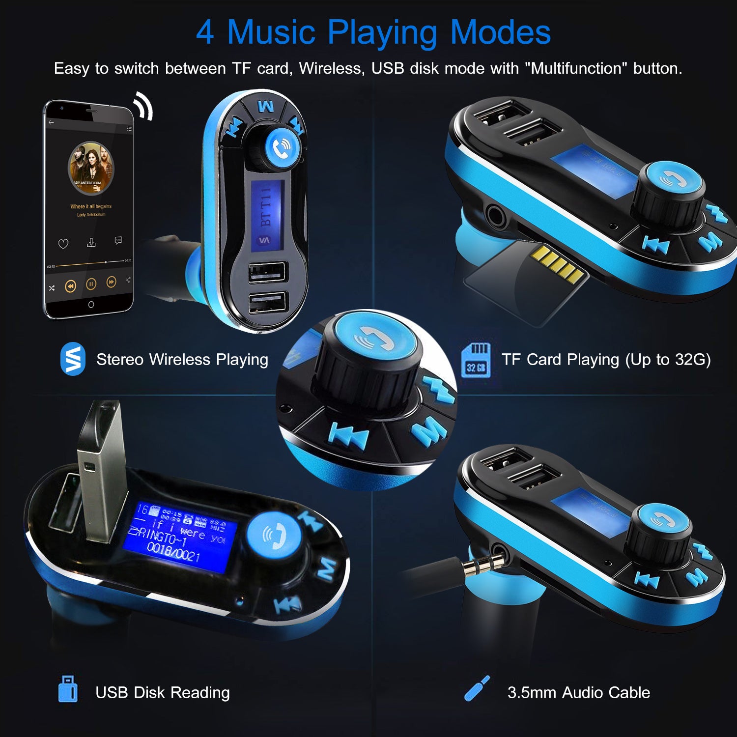Car Wireless FM Transmitter Dual USB Charger Hands-free Call MP3 Player Aux-in