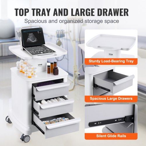 4 Tiers Lab Carts Mobile Medical Cart with 3 Drawers & 1 Top Tray White Troll