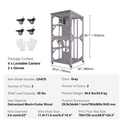 Cat House Outdoor 3-Tier Large Catio Cat Enclosure with 360d Rotating Caster