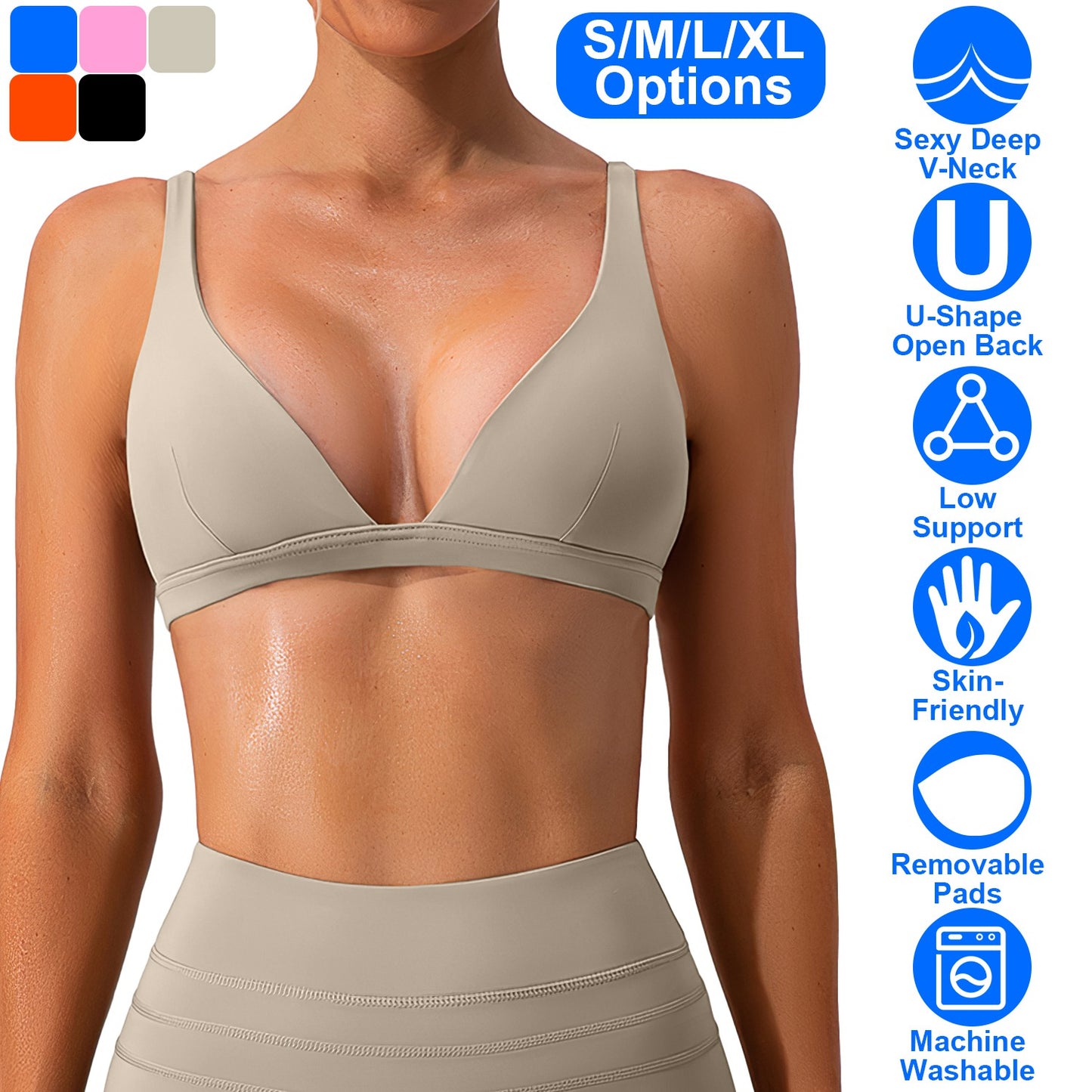Women Deep V-Neck Sports Bras U-Shaped Back Sport Bras Padded Strappy Crop Open