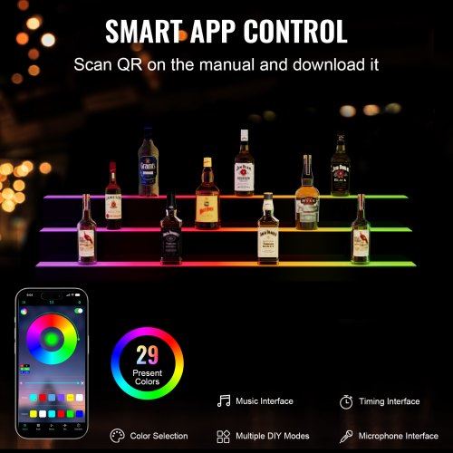 LED Lighted Liquor Bottle Display Bar Shelf RF & App Control 48" 3-Step