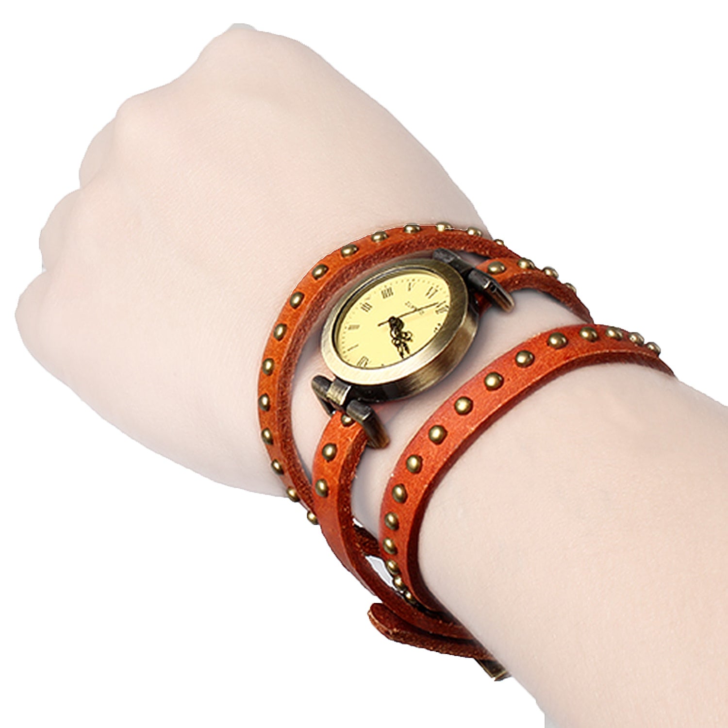 Fashionable Rivet Leather Belt Retro Watch Hand Chain-orangered Apparel &