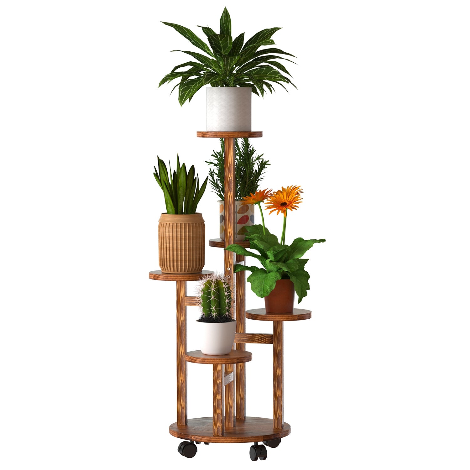 5 Tier Plant Stand with 4 Detachable Wheels Wooden Plant Pot Rolling Shelf