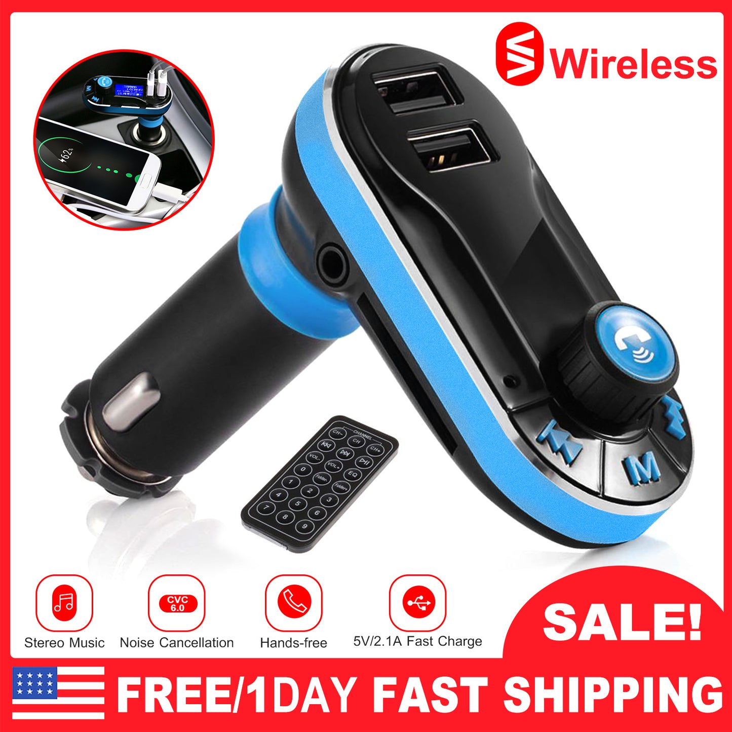 Car Wireless FM Transmitter Dual USB Charger Hands-free Call MP3 Player Aux-in