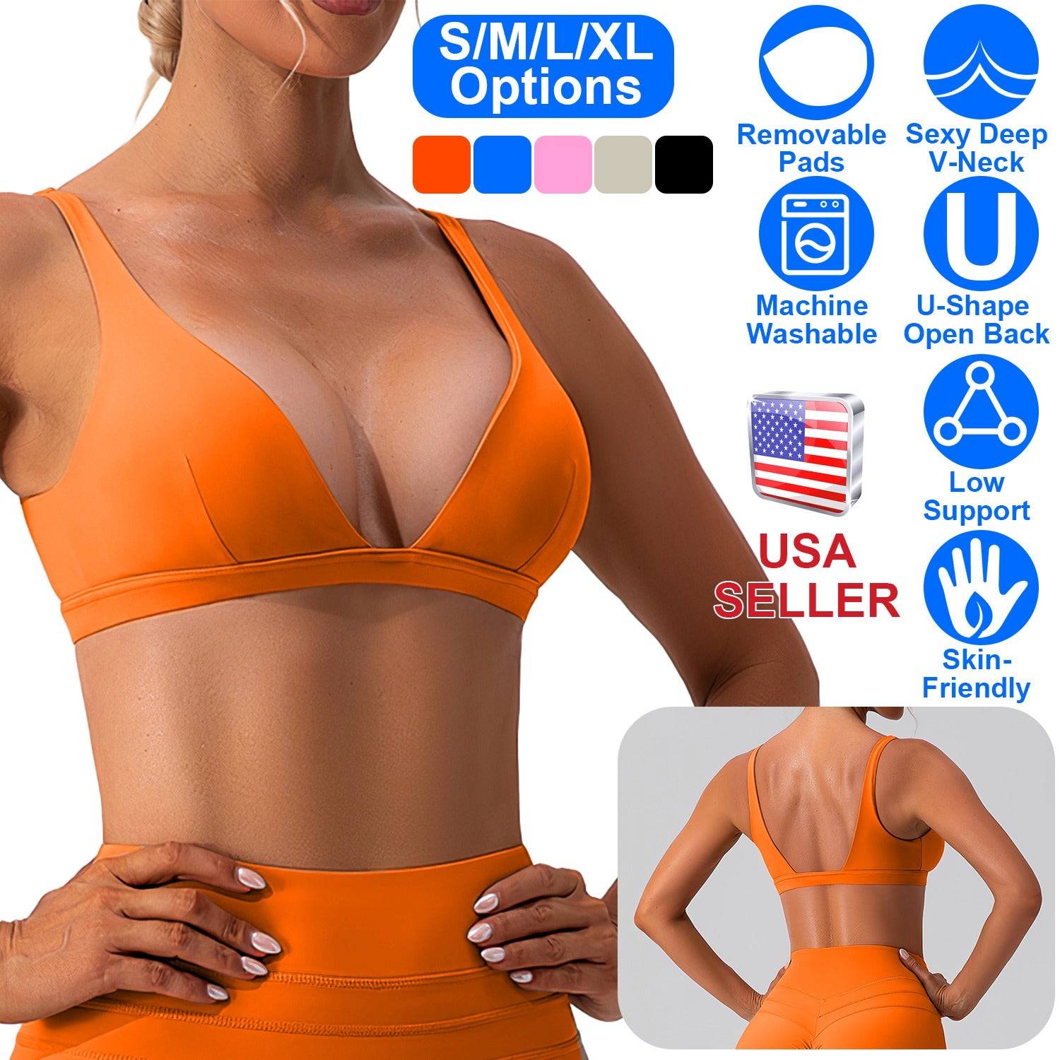 Women Deep V-Neck Sports Bras U-Shaped Back Sport Bras Padded Strappy Crop Open