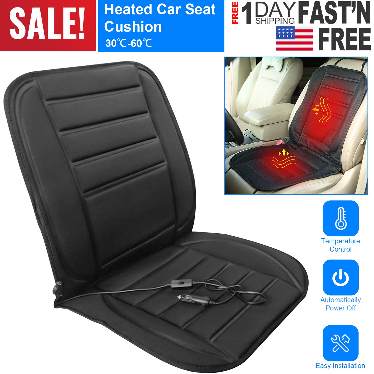 Heated Car Seat Cushion 12V Auto Seat Cover Warmer with Adjustable Temperature