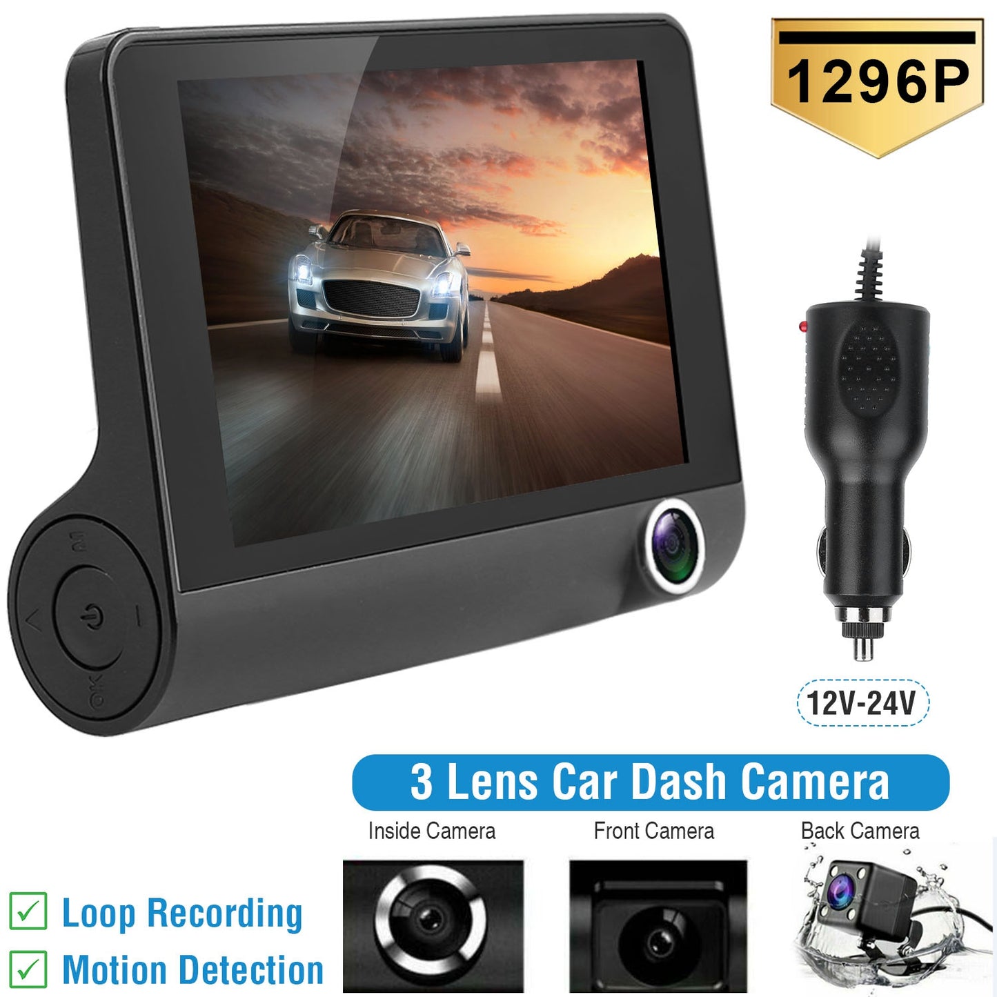1296P Car DVR Dash Camera 4In 3 Lens Vehicle Driving Recorder Seamless
