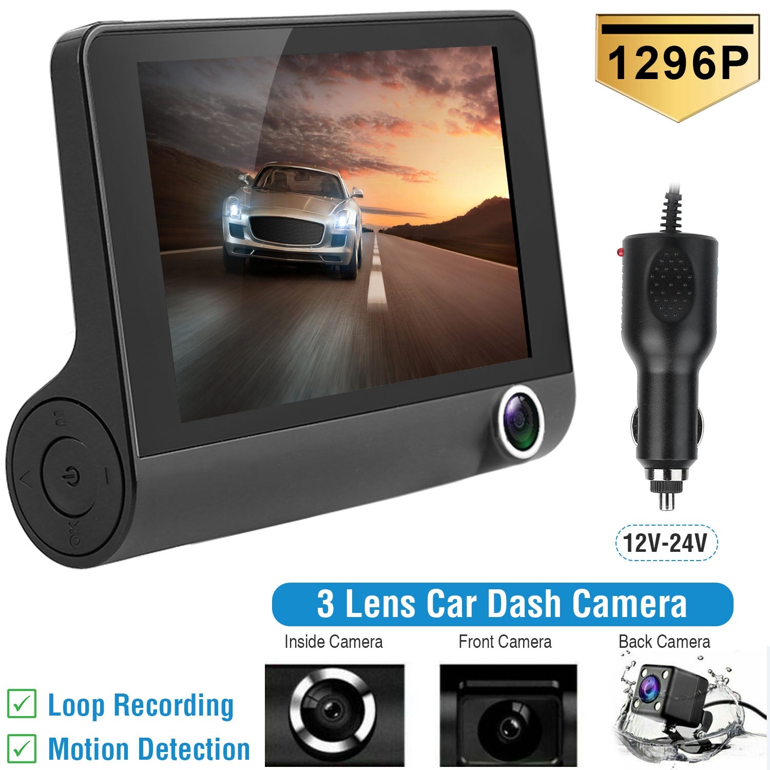 1296P Car DVR Dash Camera 4In 3 Lens Vehicle Driving Recorder Seamless