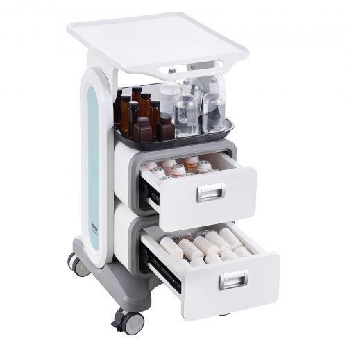 3 Tiers Lab Carts Mobile Medical Cart with 2 Drawers & 1 Top Tray White Trolley