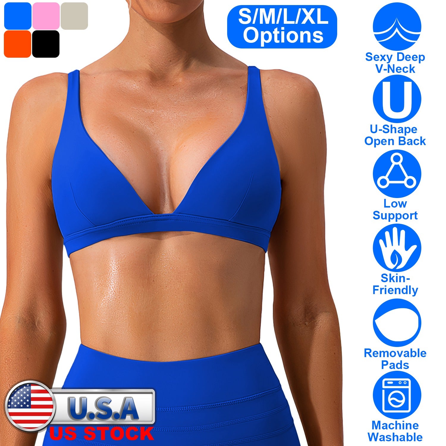 Women Deep V-Neck Sports Bras U-Shaped Back Sport Bras Padded Strappy Crop Open