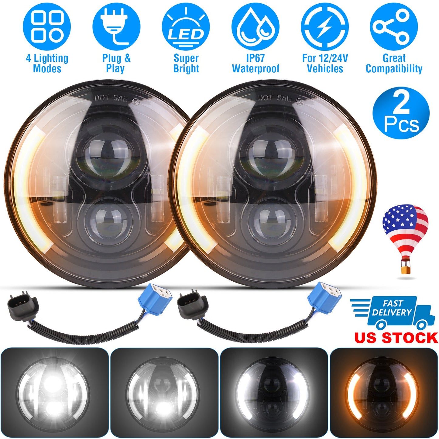 2Pcs 7In 40W Round LED Headlights 3800LM Halo Car Headlamp with DRL Turn Light