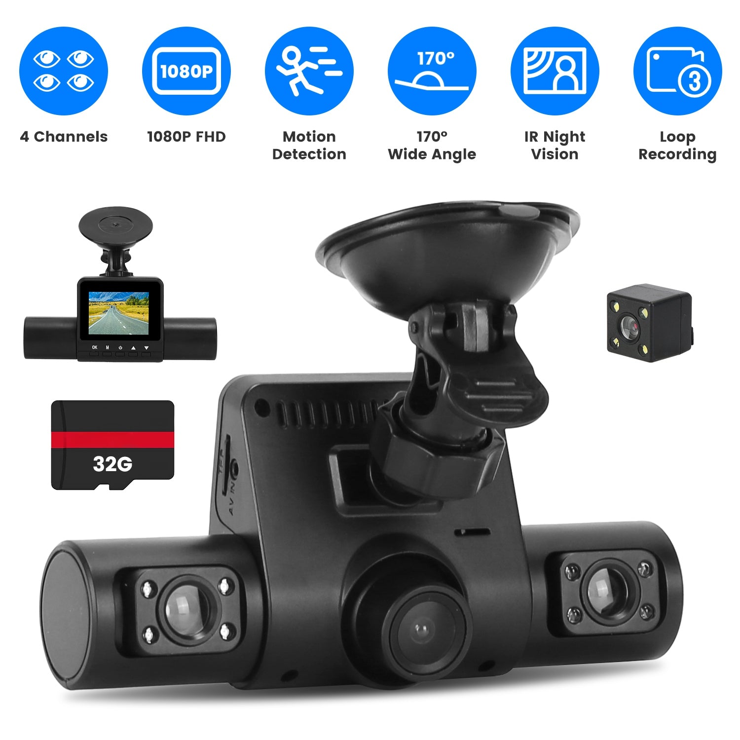 360° View FHD 4 Channel Dash Cam 1080P Front 480P Rear Left Right Inside Dash