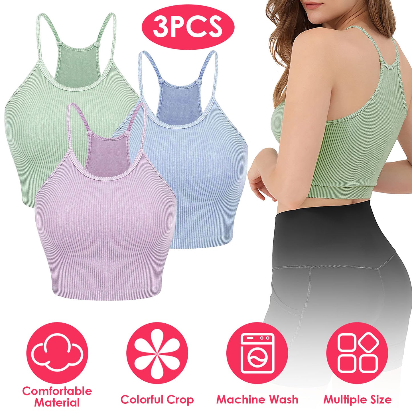 3 Pack Women Crop Basic Tank Top Ribbed Knit Sleeveless Round Neck 9 Color