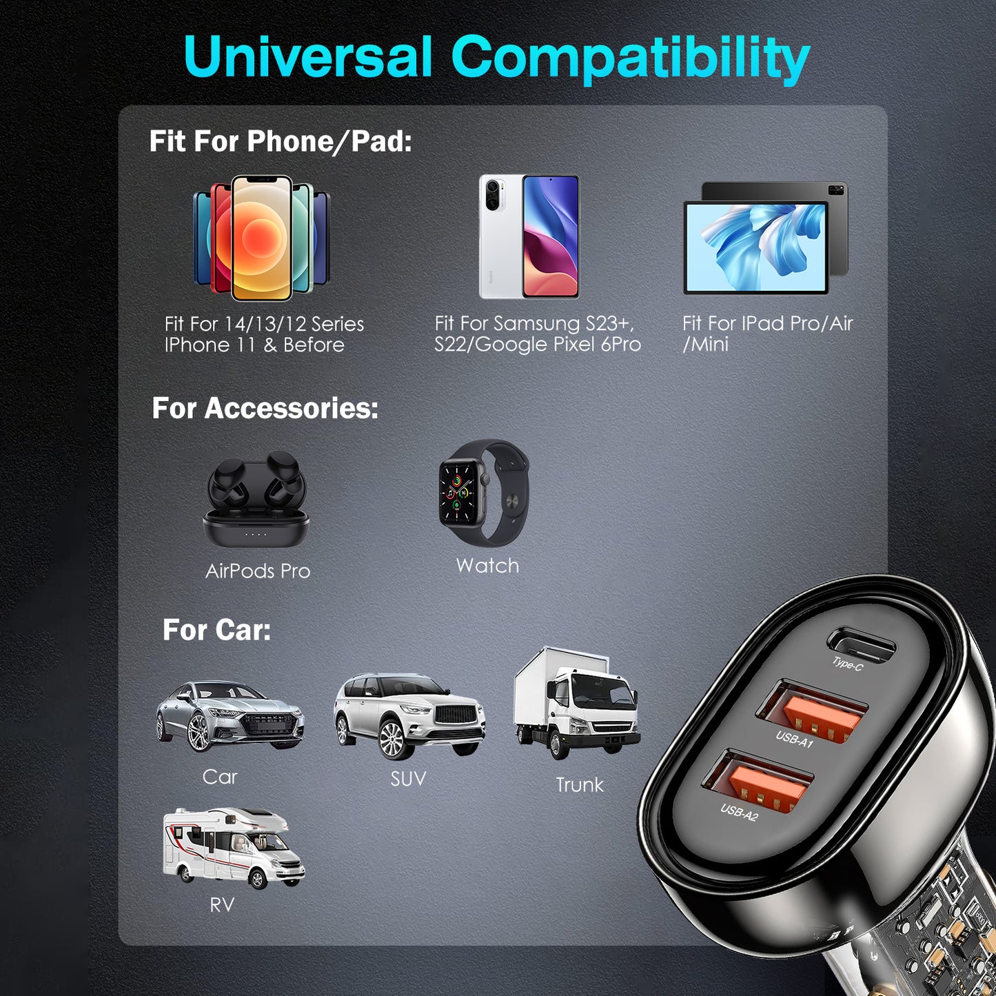 90W 3 Ports Fast Charge Car Charger QC3.0 PD3.0 USB Type-C LT Car Cigarette
