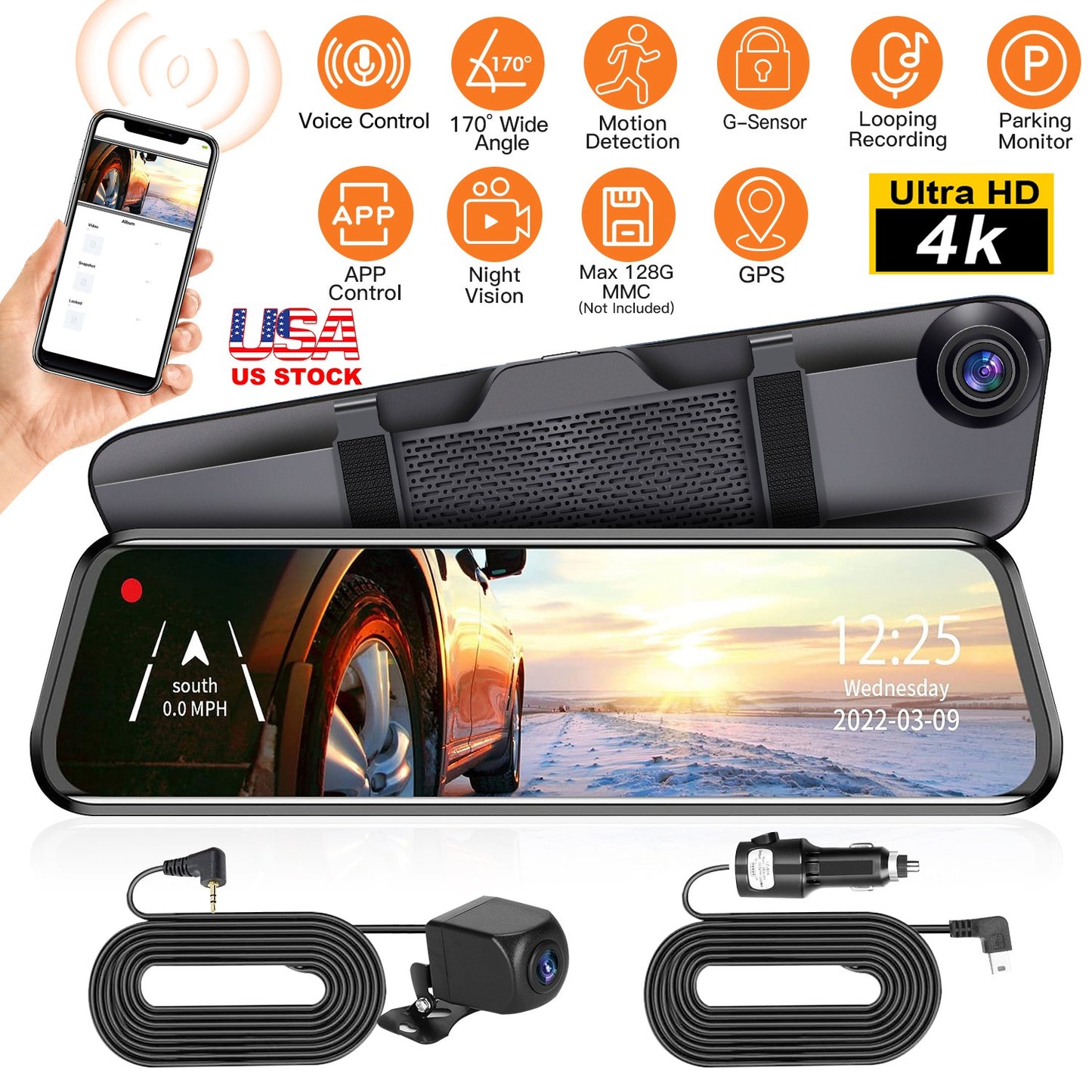 4K Car DVR 12in Dash Cam Camcorder Camera Recorder with 170° Angle Loop