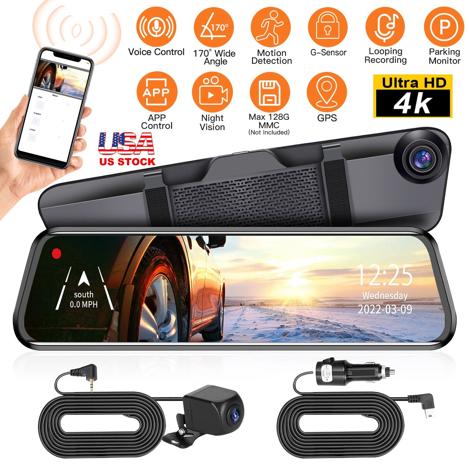 4K Car DVR 12in Dash Cam Camcorder Camera Recorder with 170° Angle Loop