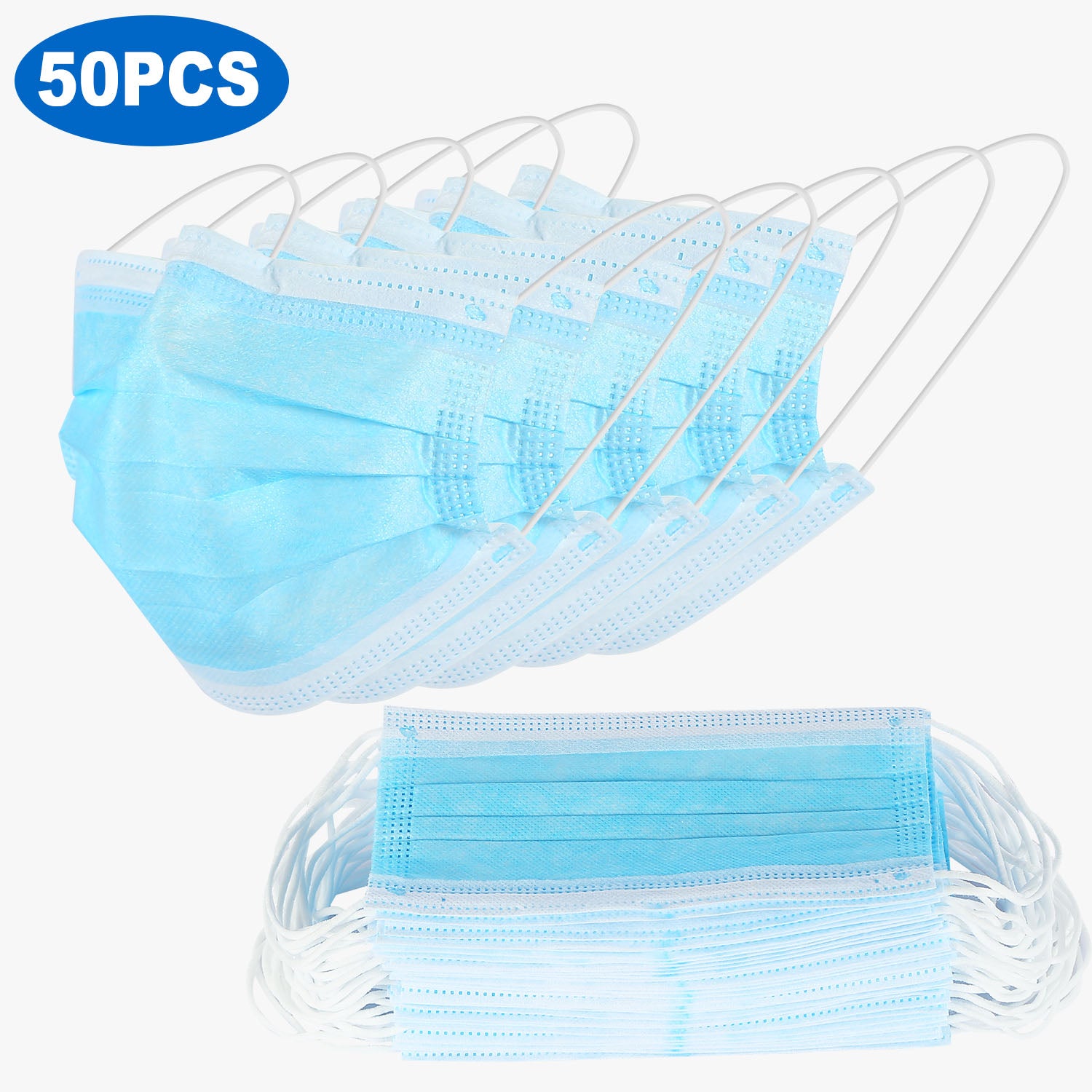 50Pcs 3-Layers Disposable Face Masks Elastic Earloop 95% Melt-Blown Filter