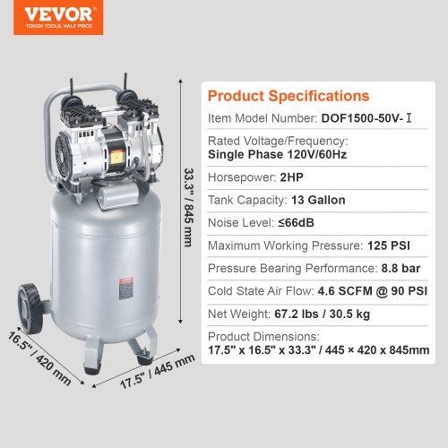 13 Gallon Air Compressor 2HP 4.6 SCFM@90PSI Oil Free Air Compressor Tank 66d