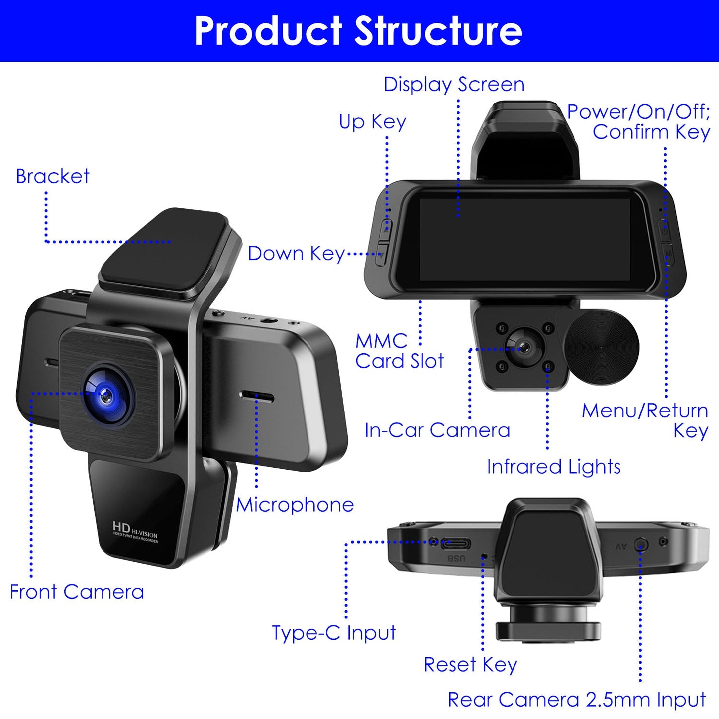 1080P FHD 3 Channel WiFi Dash Cam 170° Wide Angle Triple Car Camera With IR