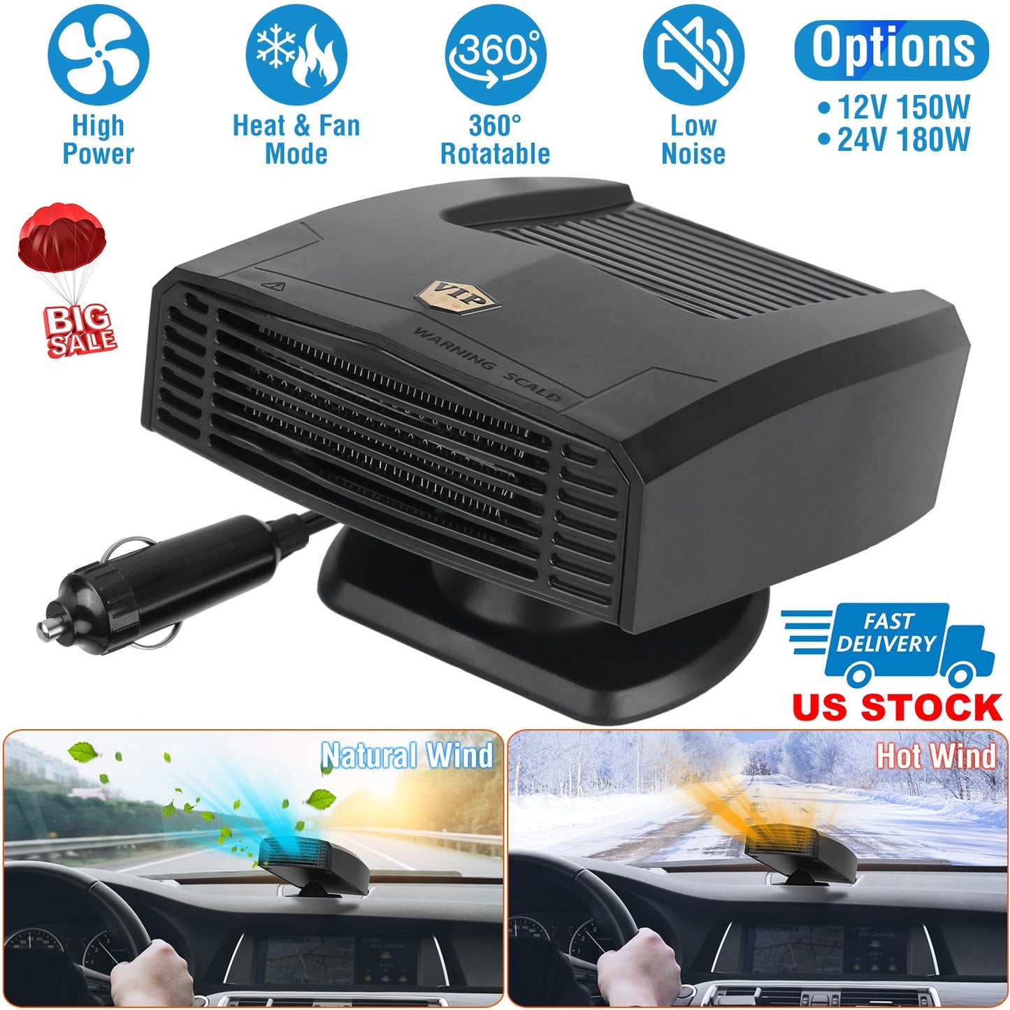12V 150W Portable Car Heater Heating Fan 2 in 1 Defroster Defogger Demister