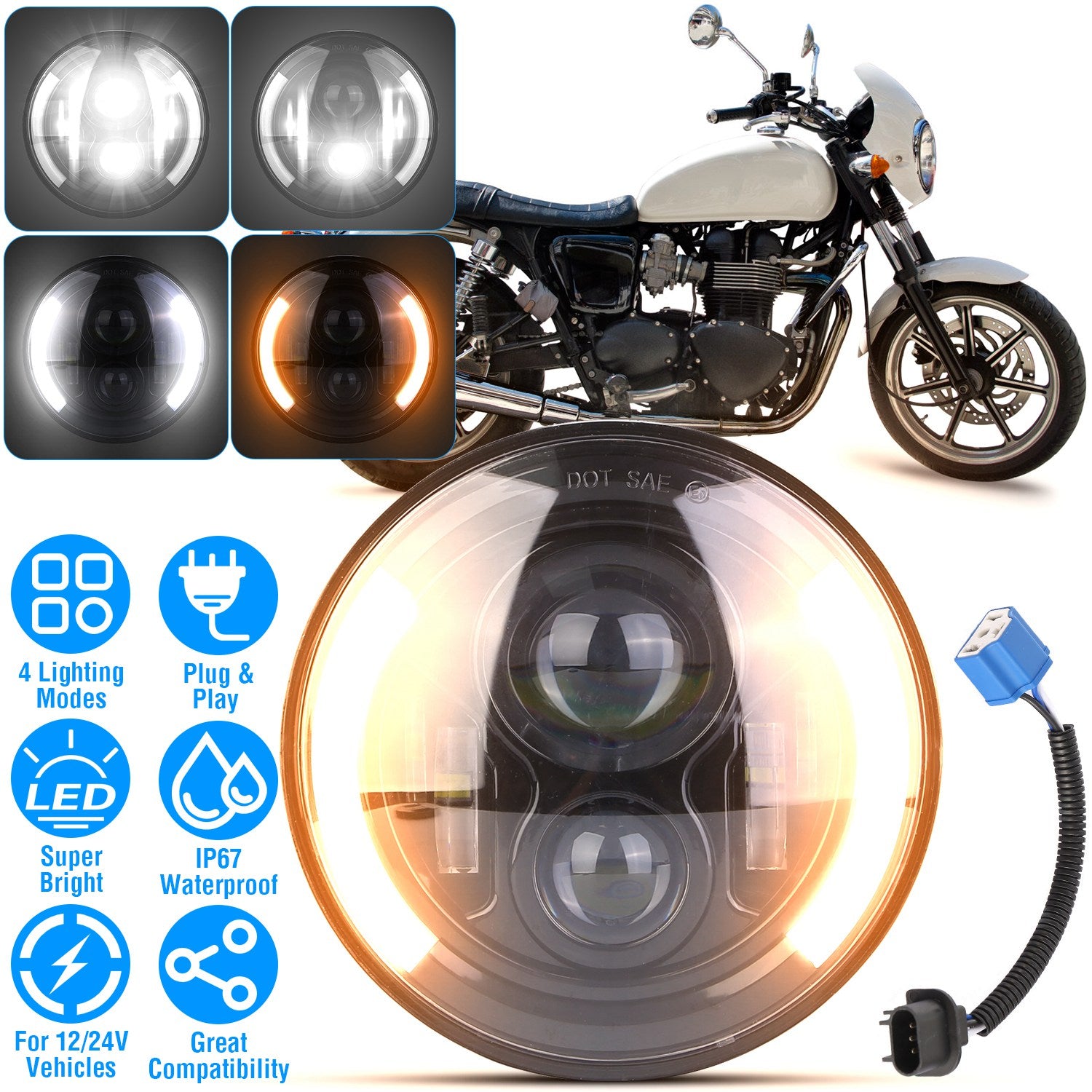 7In 40W Round LED Headlight 3800LM Halo Car Headlamp with DRL Turn Light High